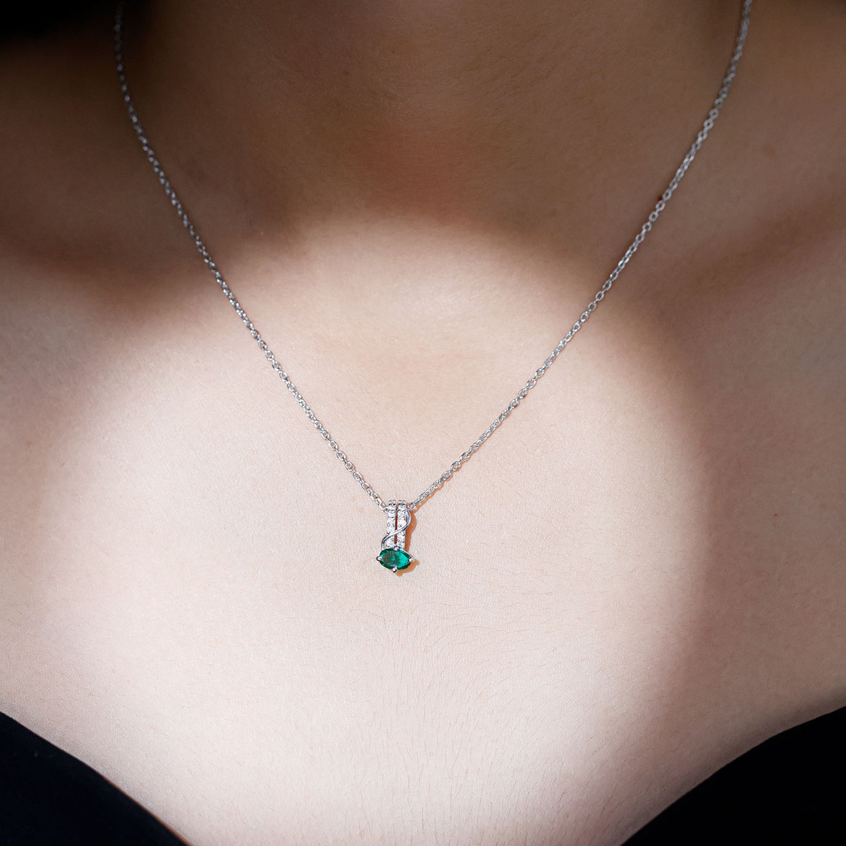 Oval Shaped Lab Emerald East West Necklace with Moissanite AAAA 92.5 Sterling Silver - Rosec Jewels
