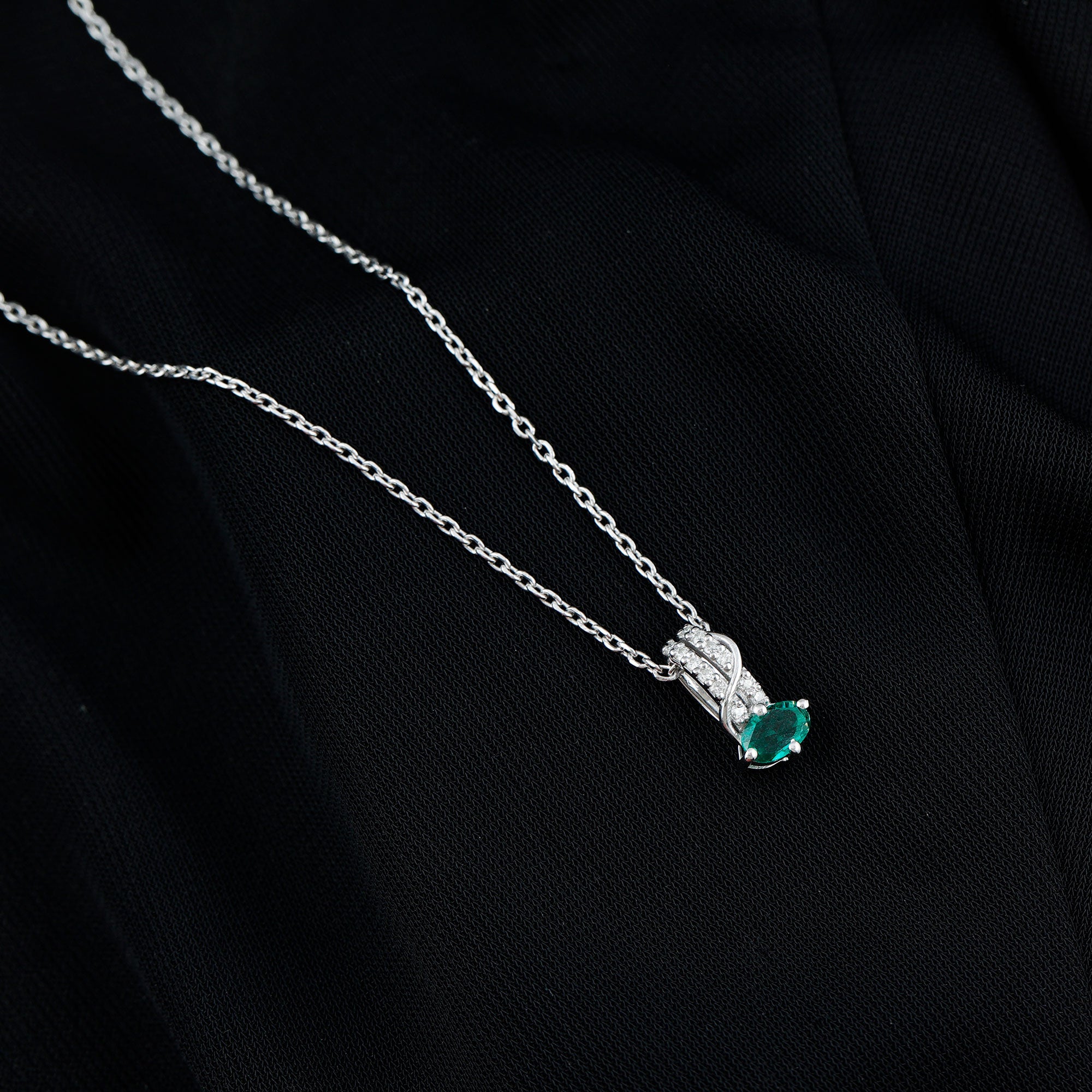 Oval Shaped Lab Emerald East West Necklace with Moissanite AAAA 92.5 Sterling Silver - Rosec Jewels