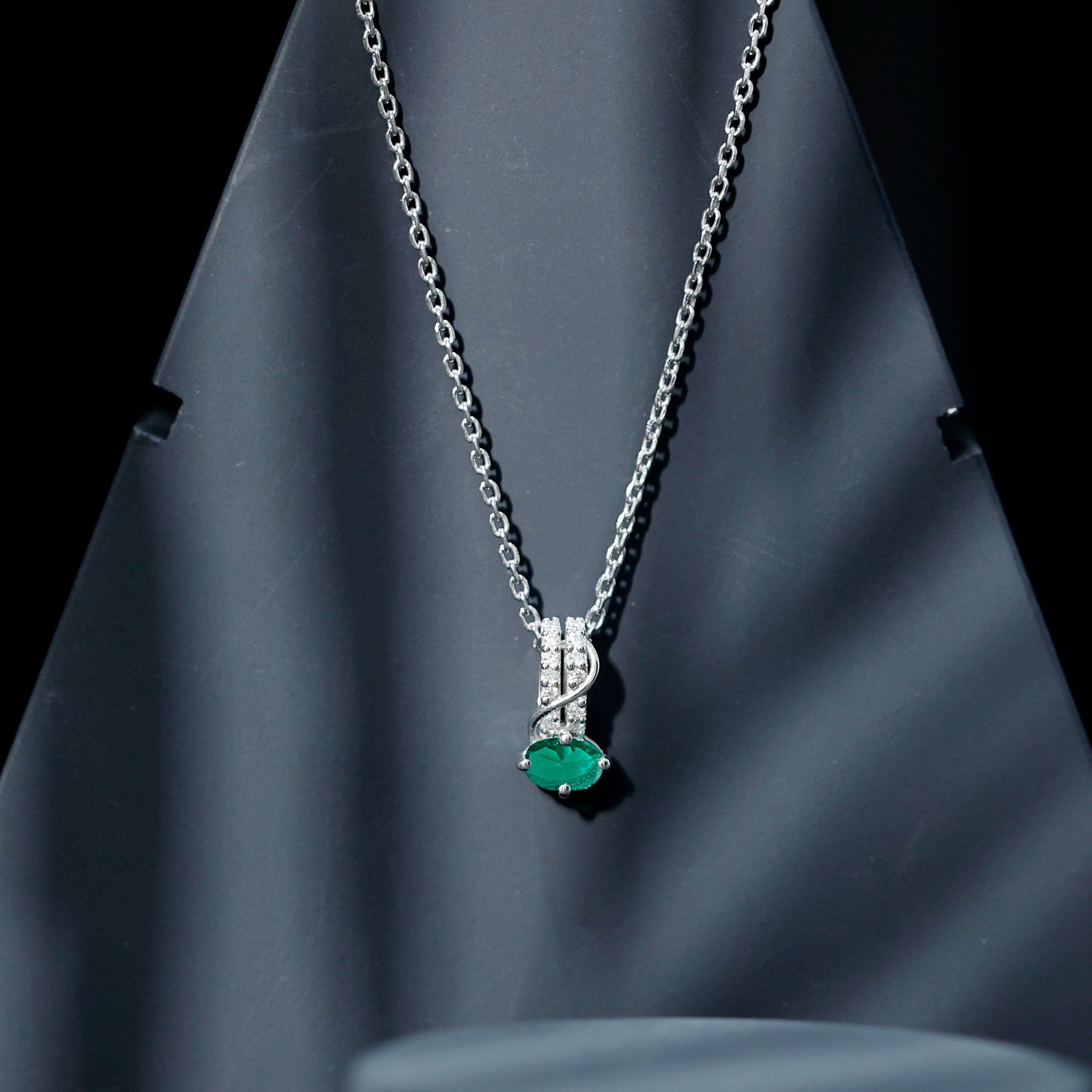 Oval Shaped Lab Emerald East West Necklace with Moissanite AAAA 92.5 Sterling Silver - Rosec Jewels