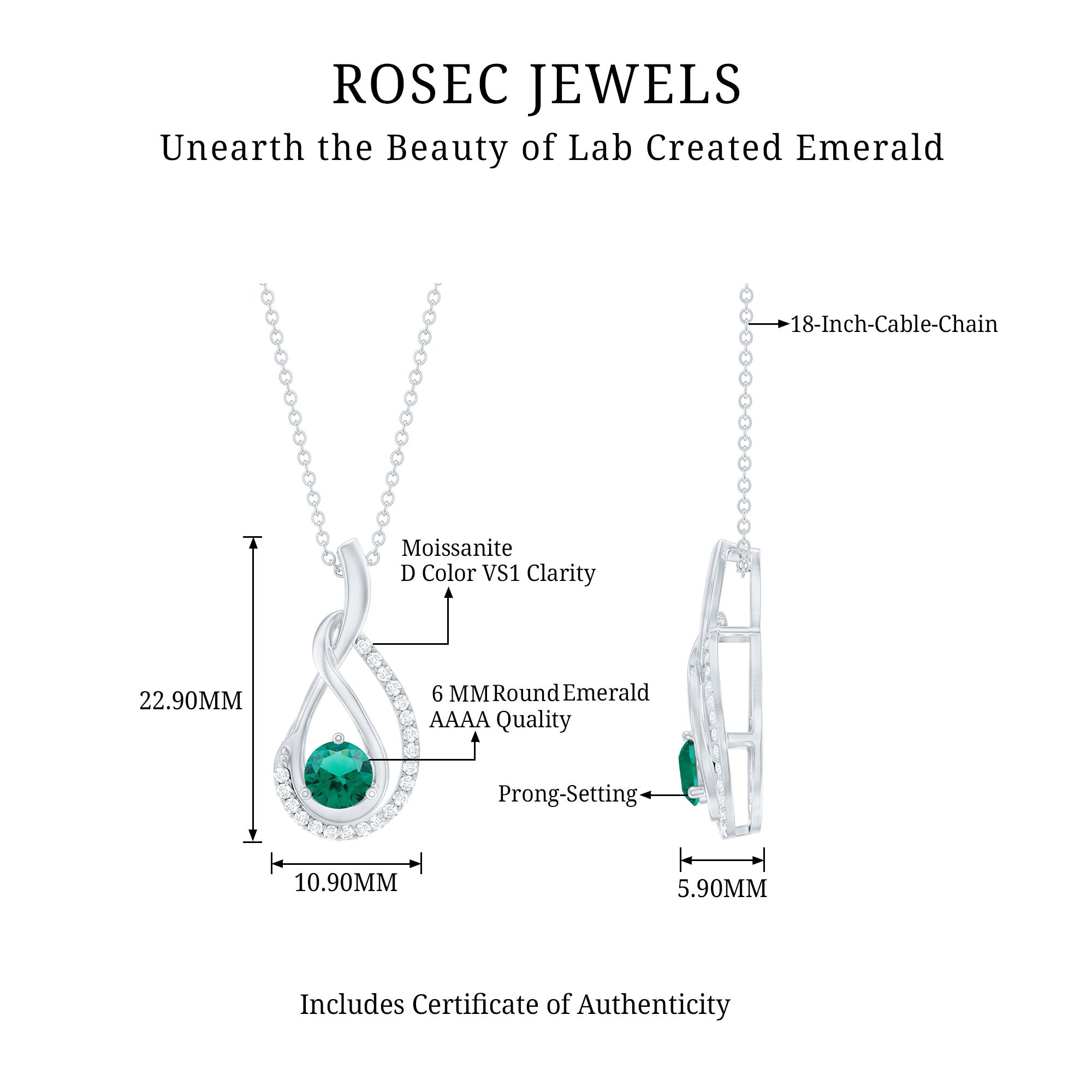 Certified Lab Grown Emerald and Moissanite Teardrop Necklace in Silver AAAA 92.5 Sterling Silver - Rosec Jewels