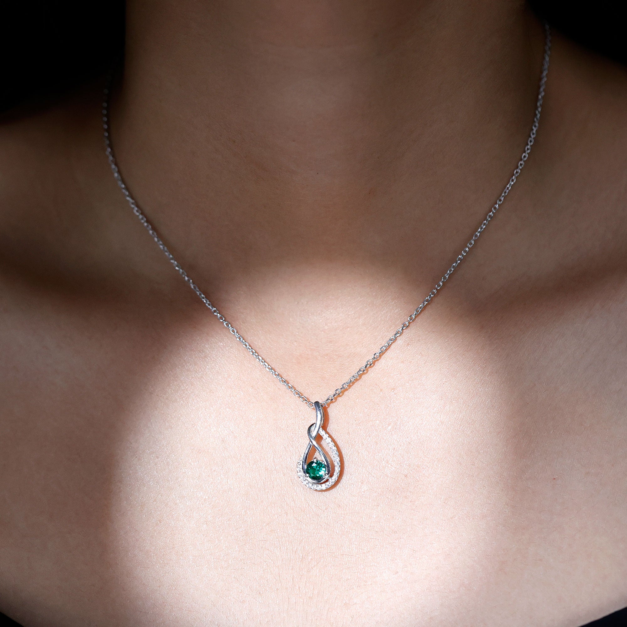 Certified Lab Grown Emerald and Moissanite Teardrop Necklace in Silver AAAA 92.5 Sterling Silver - Rosec Jewels