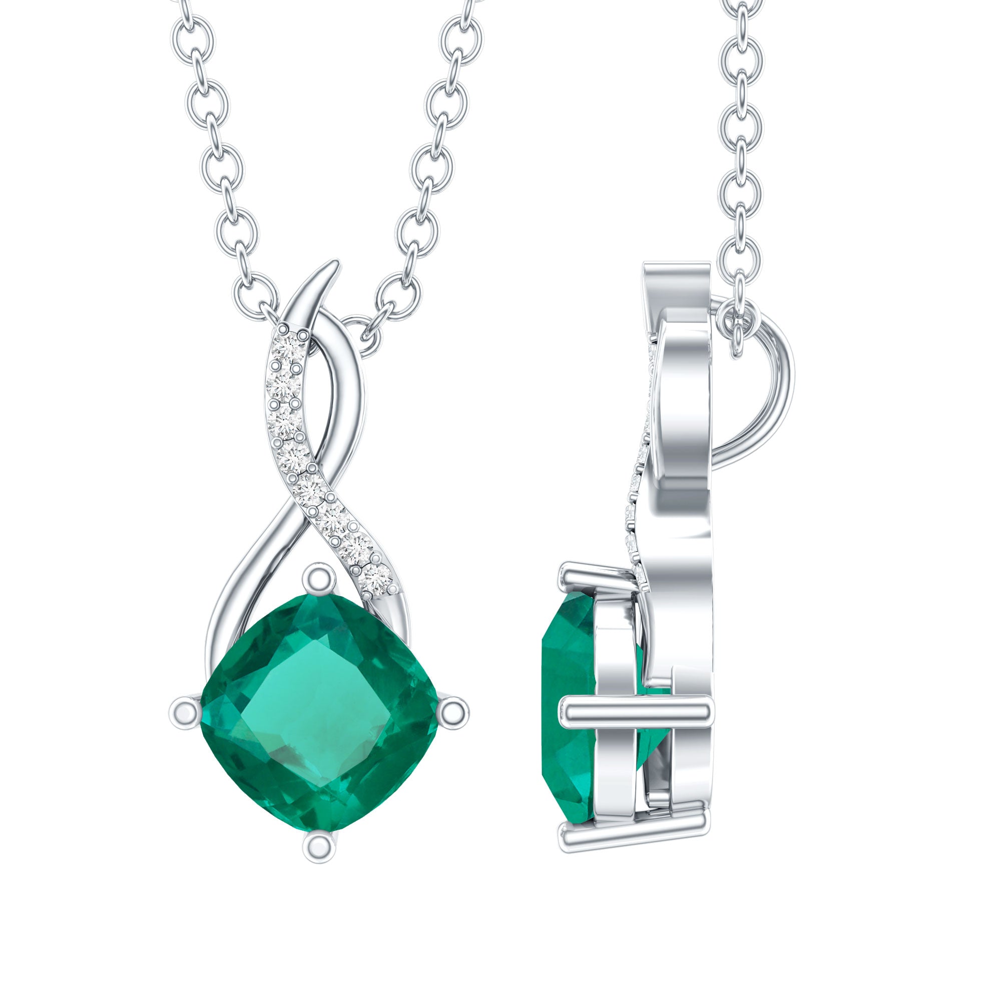 0.9 Carat Cushion Cut Lab Created Emerald Infinity Necklace With Silver Chain AAAA 92.5 Sterling Silver - Rosec Jewels