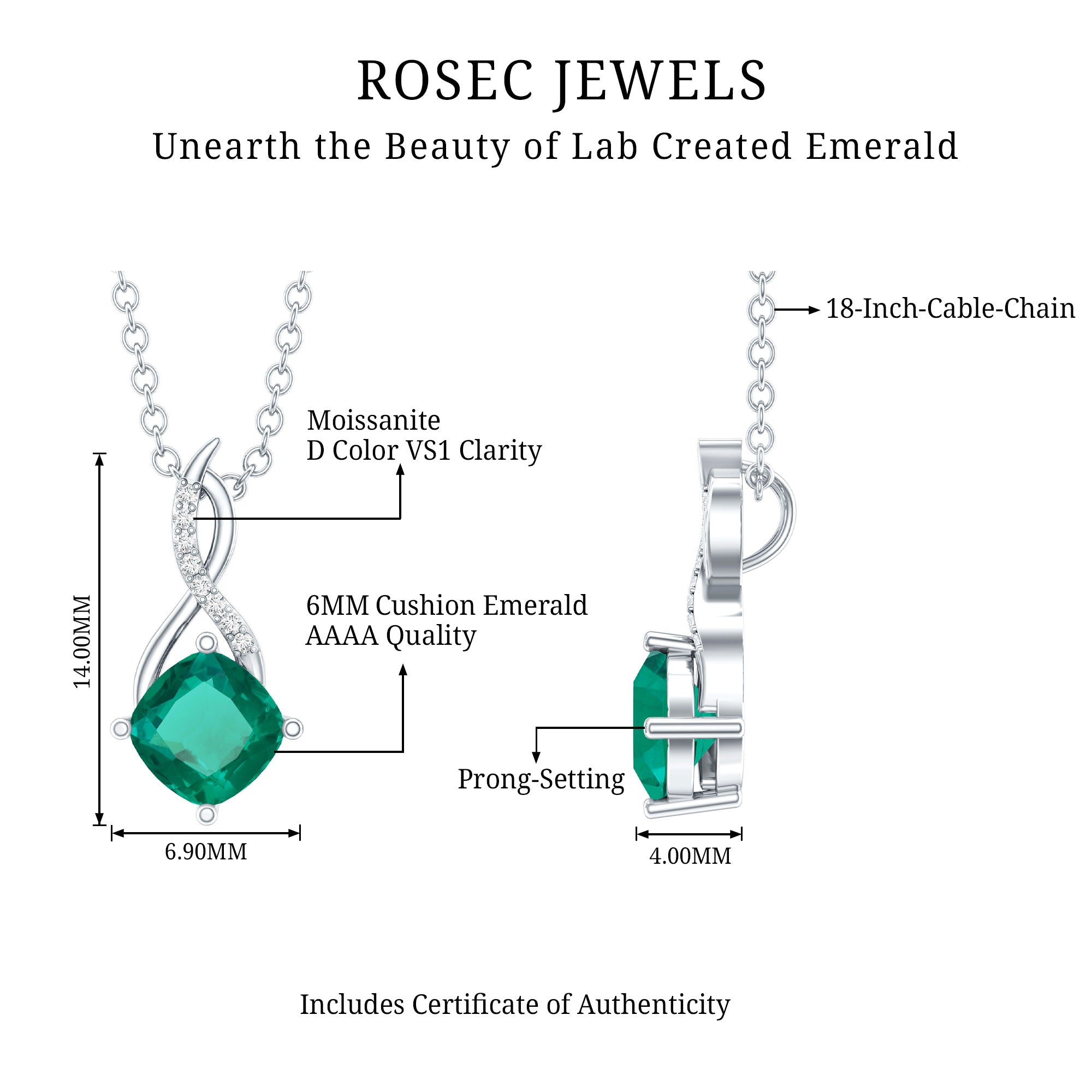 0.9 Carat Cushion Cut Lab Created Emerald Infinity Necklace With Silver Chain AAAA 92.5 Sterling Silver - Rosec Jewels