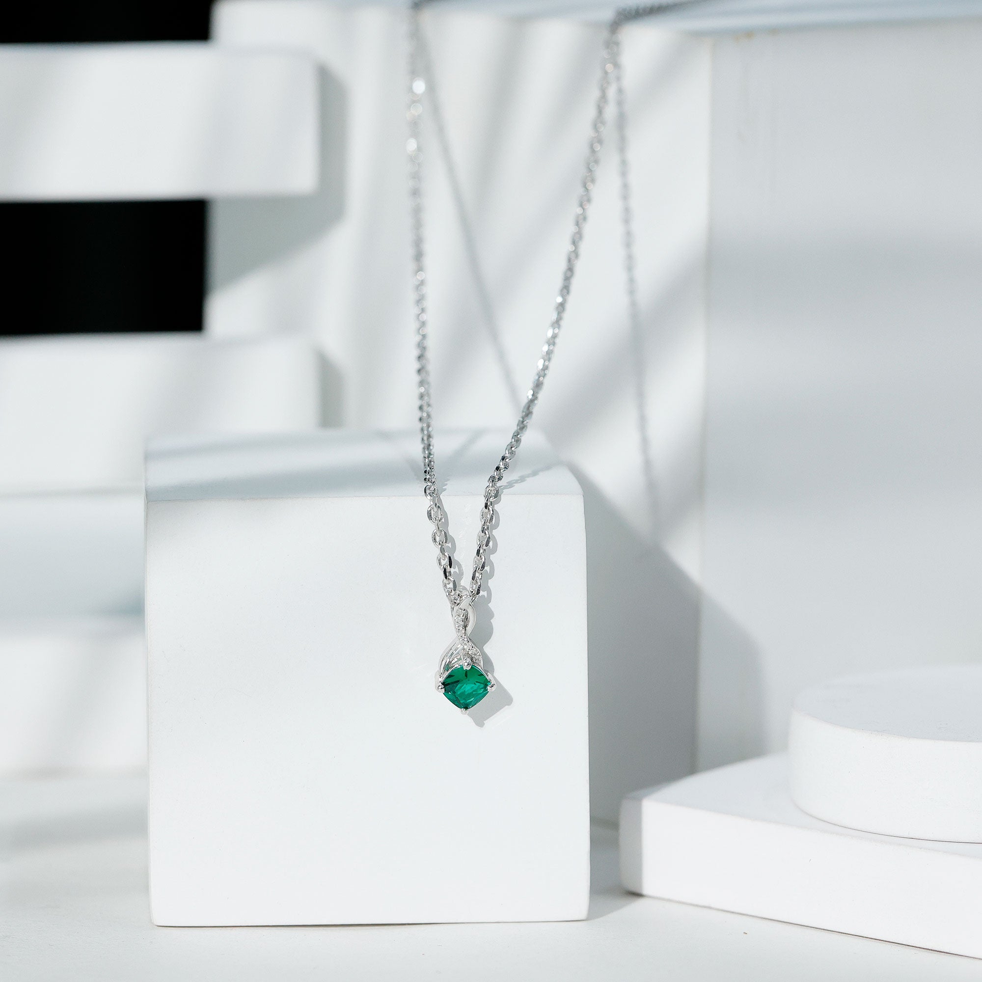 0.9 Carat Cushion Cut Lab Created Emerald Infinity Necklace With Silver Chain AAAA 92.5 Sterling Silver - Rosec Jewels