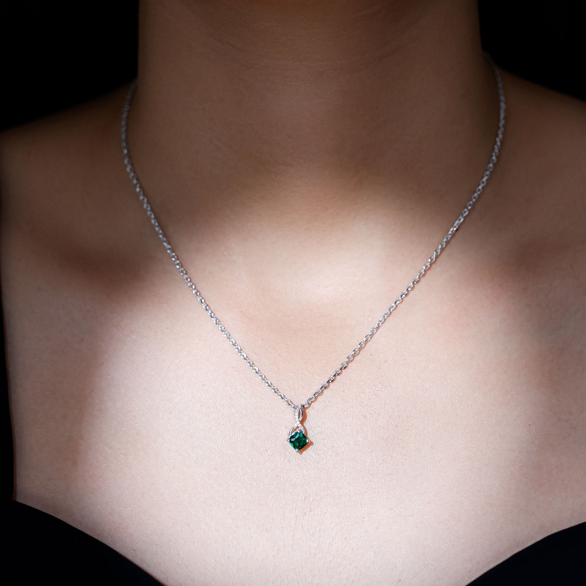 0.9 Carat Cushion Cut Lab Created Emerald Infinity Necklace With Silver Chain AAAA 92.5 Sterling Silver - Rosec Jewels
