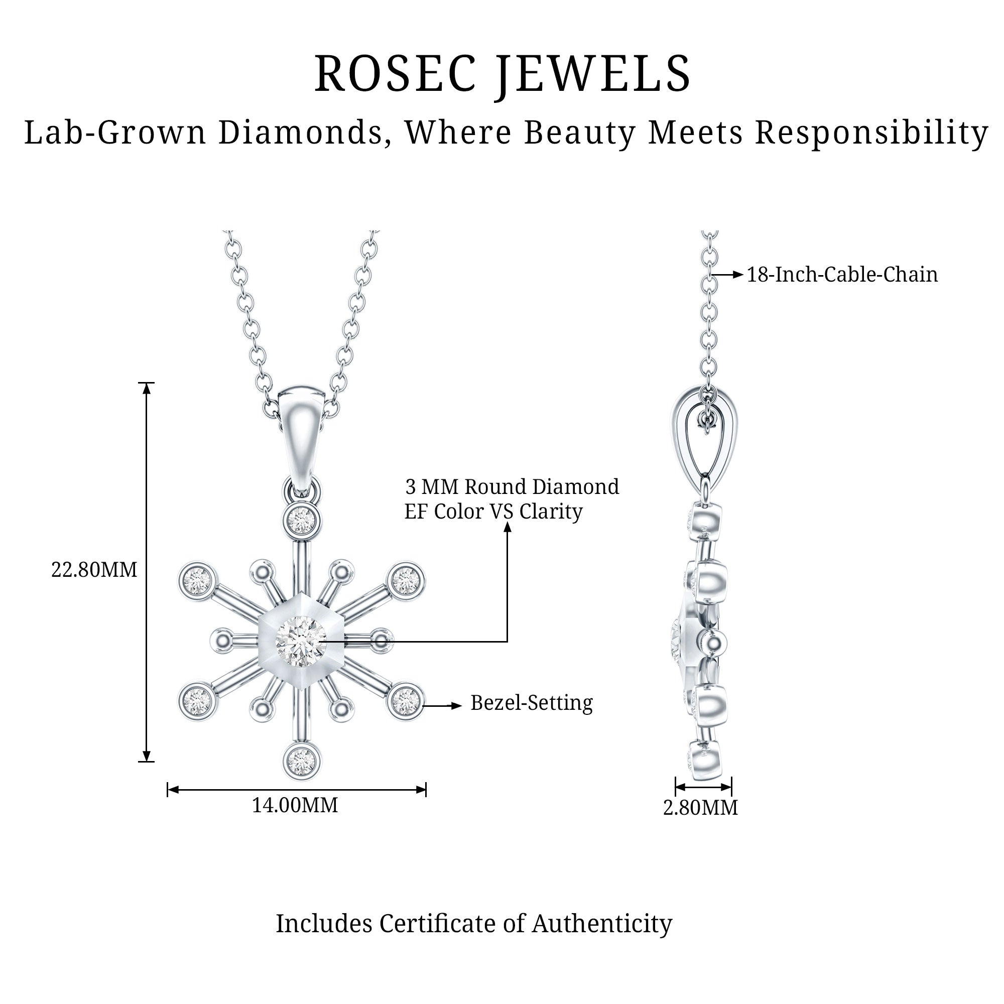 Diamond Snowflake Pendant Necklace for Women Lab - ( EF-VS ) - Rosec Jewels