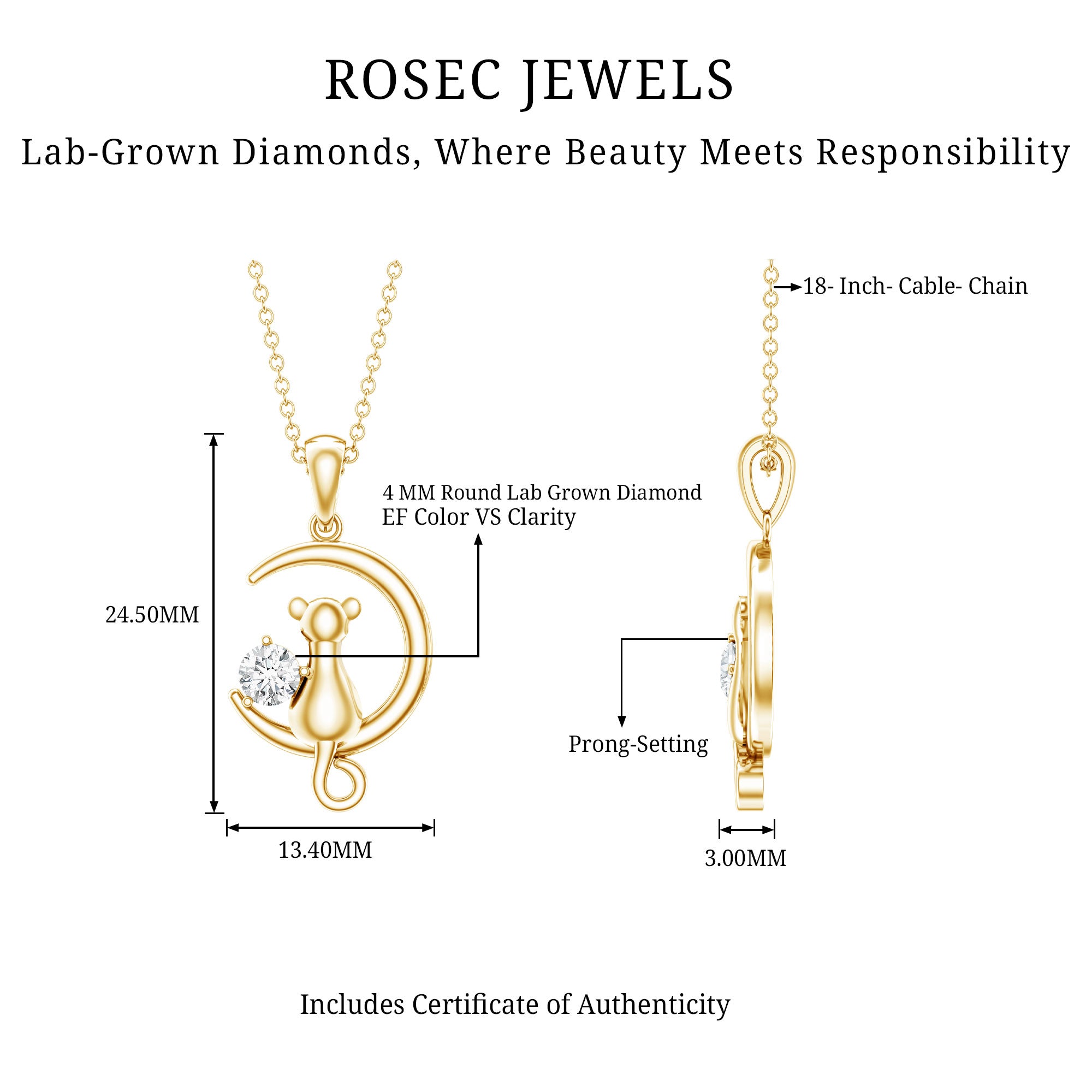 Certified Diamond Cat on Moon Necklace Lab - ( EF-VS ) - Rosec Jewels