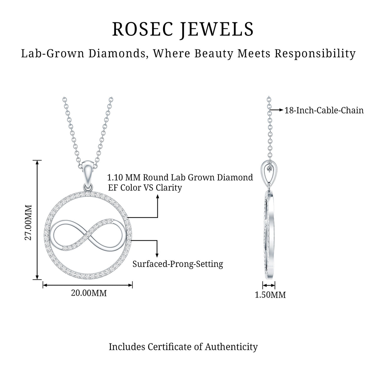 Diamonds Infinity Eternity Pendant Necklace Lab - ( EF-VS ) - Rosec Jewels