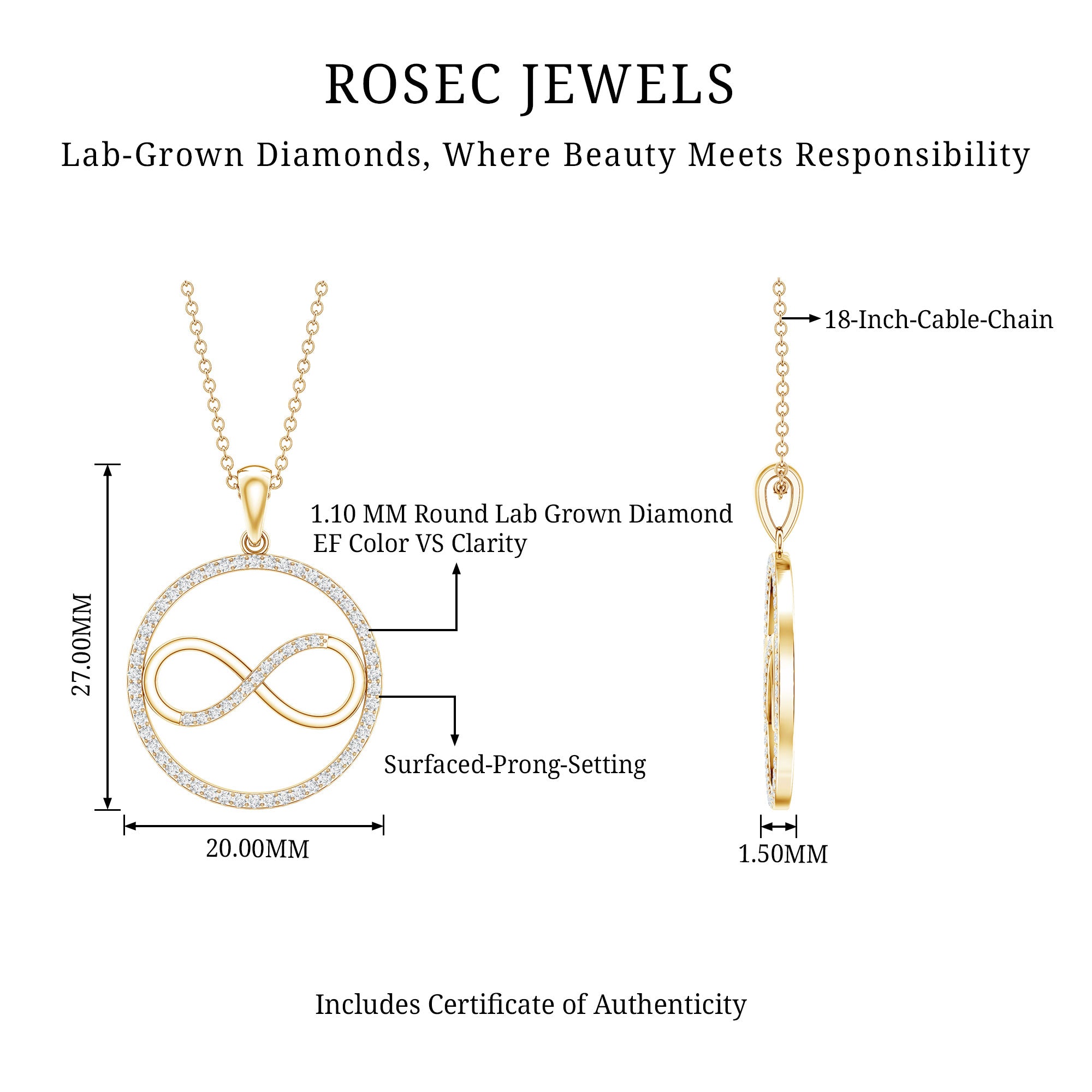 Diamonds Infinity Eternity Pendant Necklace Lab - ( EF-VS ) - Rosec Jewels