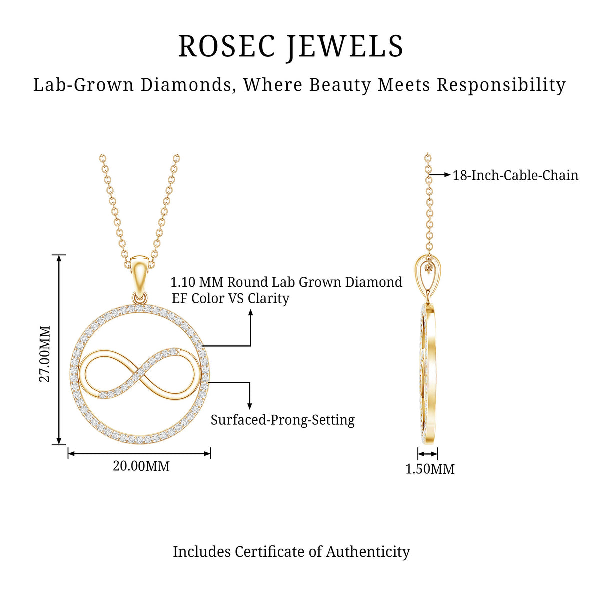 Diamonds Infinity Eternity Pendant Necklace Lab - ( EF-VS ) - Rosec Jewels