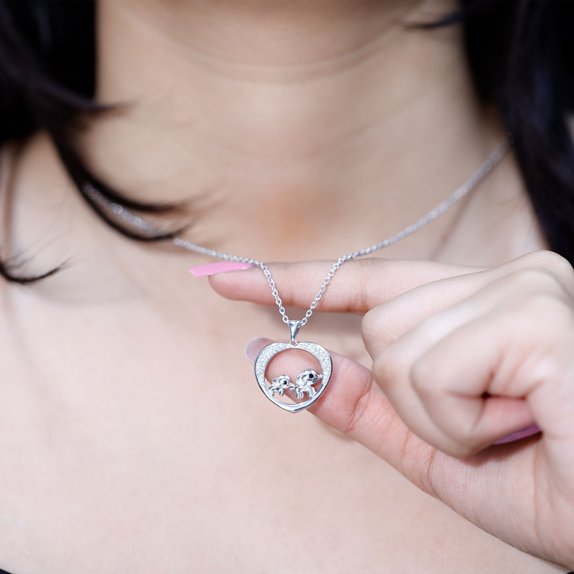 Diamond Elephant Mother Child Necklace Lab - ( EF-VS ) - Rosec Jewels