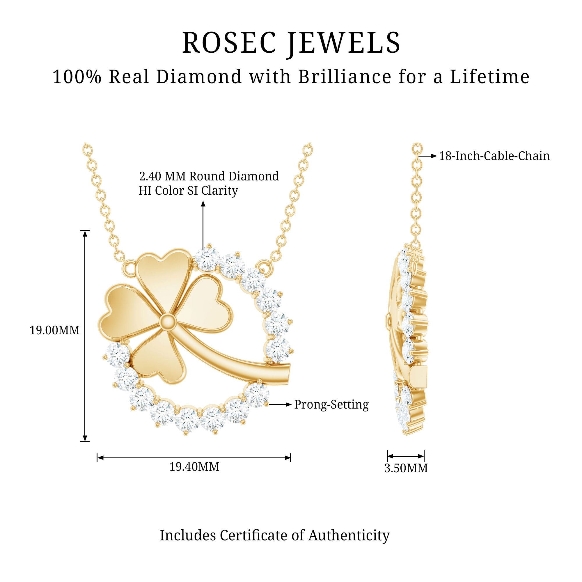 Certified Diamond Lucky 4 Leaf Necklace Lab - ( EF-VS ) - Rosec Jewels