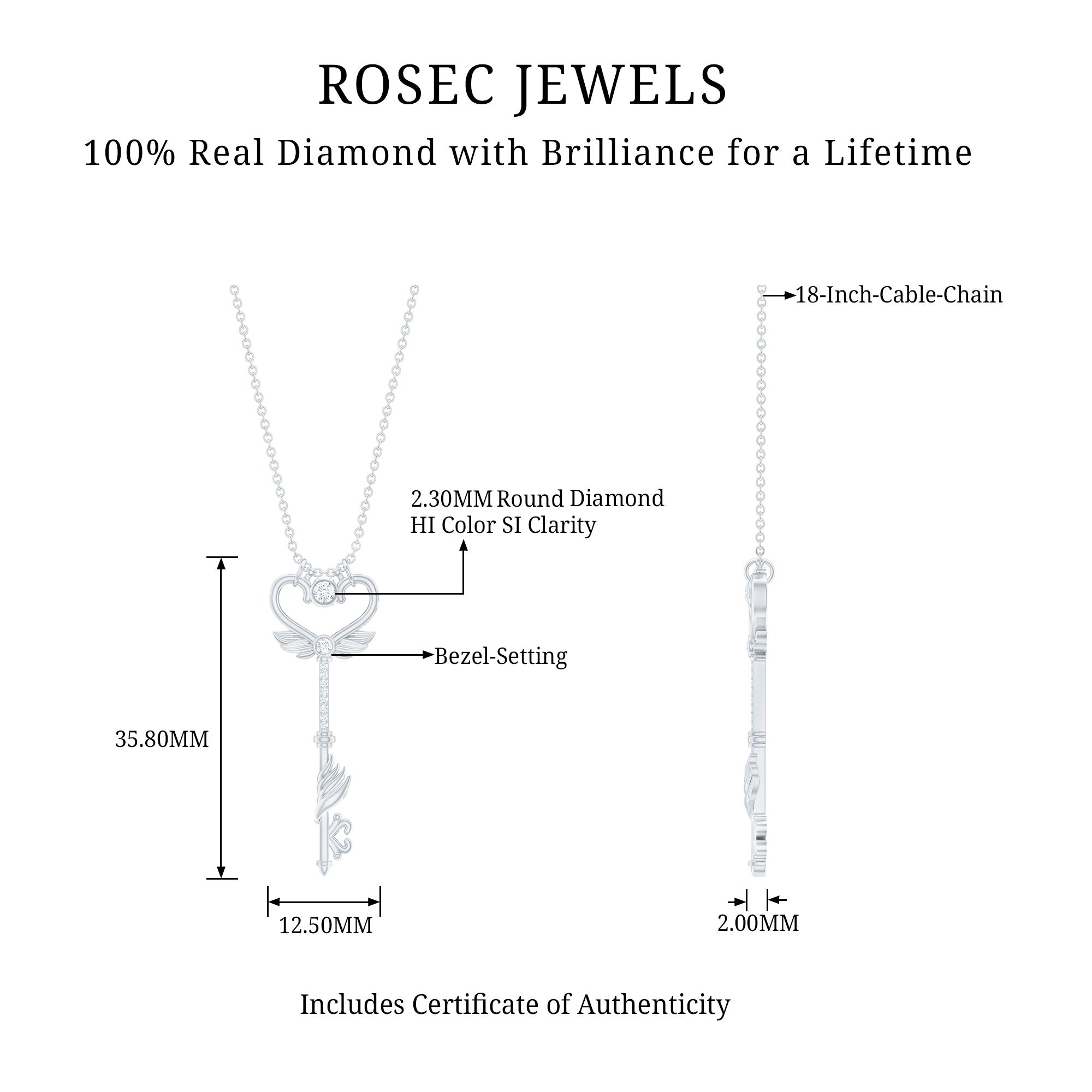 Rosec Jewels-Diamond Heart Key Pendant Necklace with Angel Wings