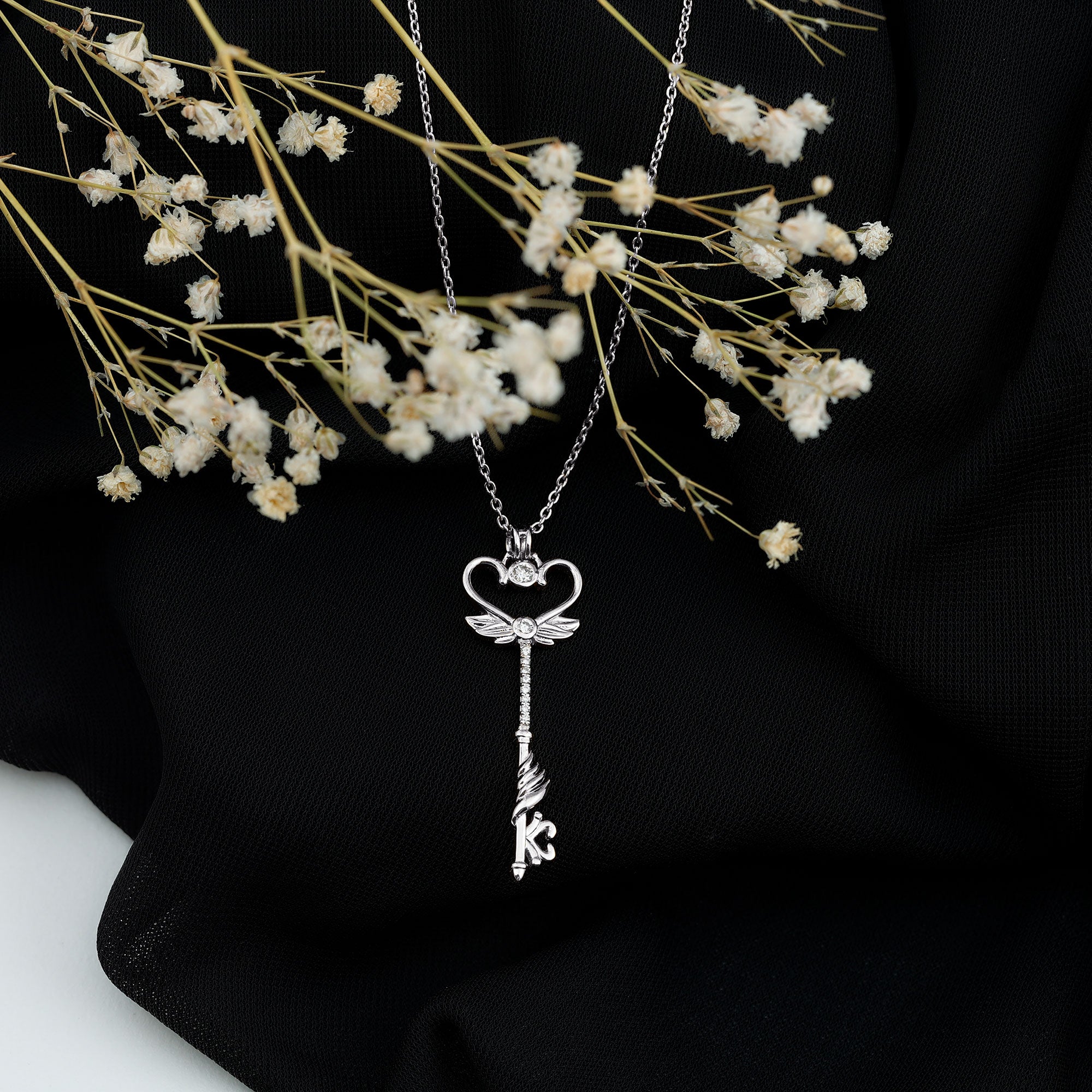 Rosec Jewels-Diamond Heart Key Pendant Necklace with Angel Wings
