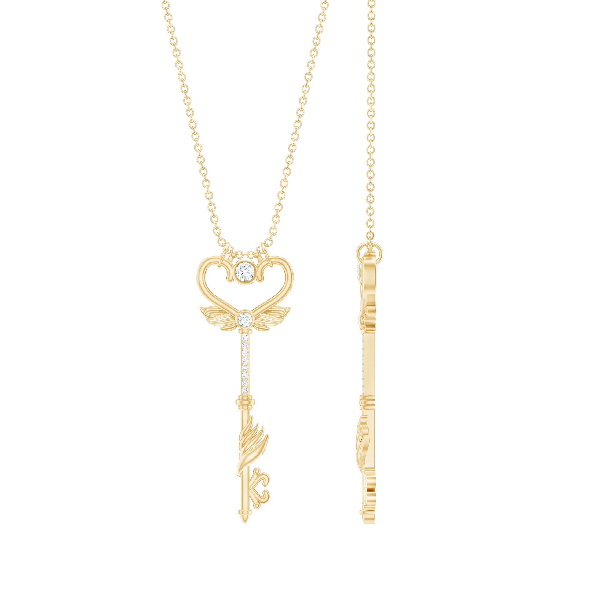 Rosec Jewels-Diamond Heart Key Pendant Necklace with Angel Wings