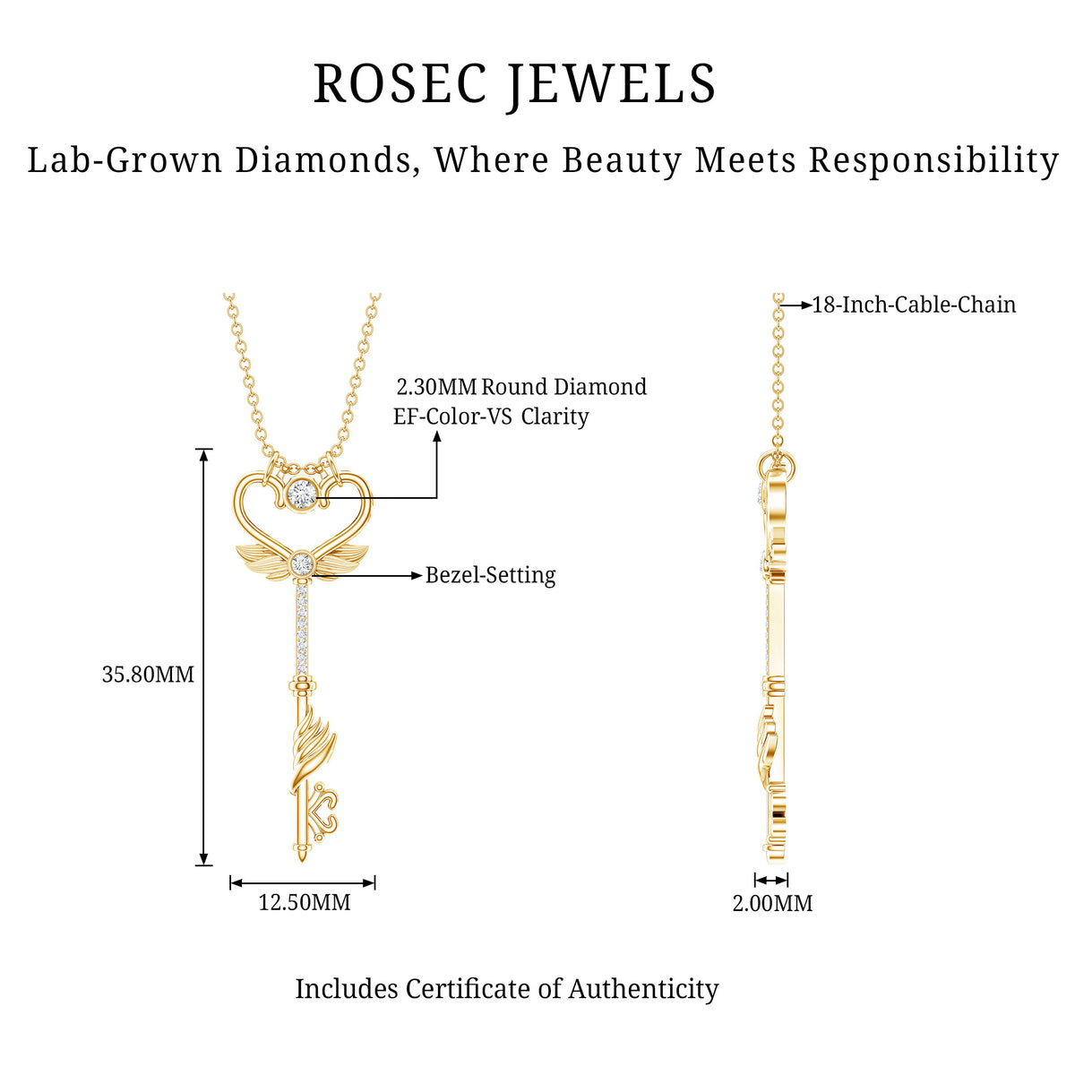 Diamond Key Necklace with Angel Wings Lab - ( EF-VS ) - Rosec Jewels
