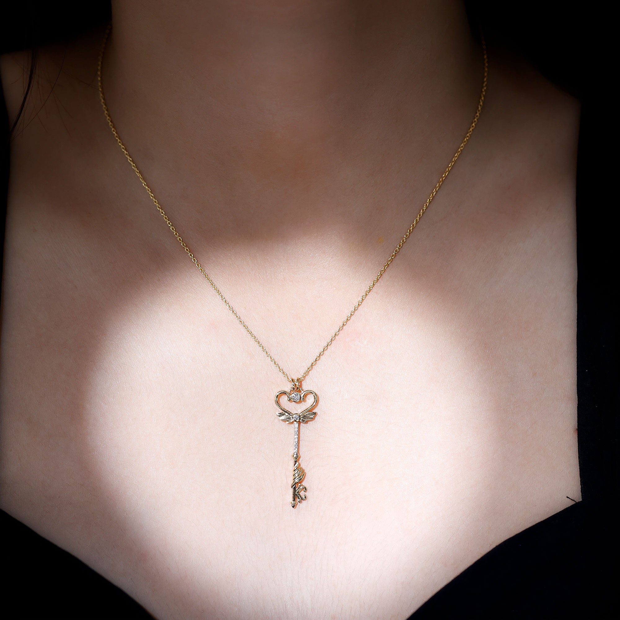 Rosec Jewels-Diamond Heart Key Pendant Necklace with Angel Wings