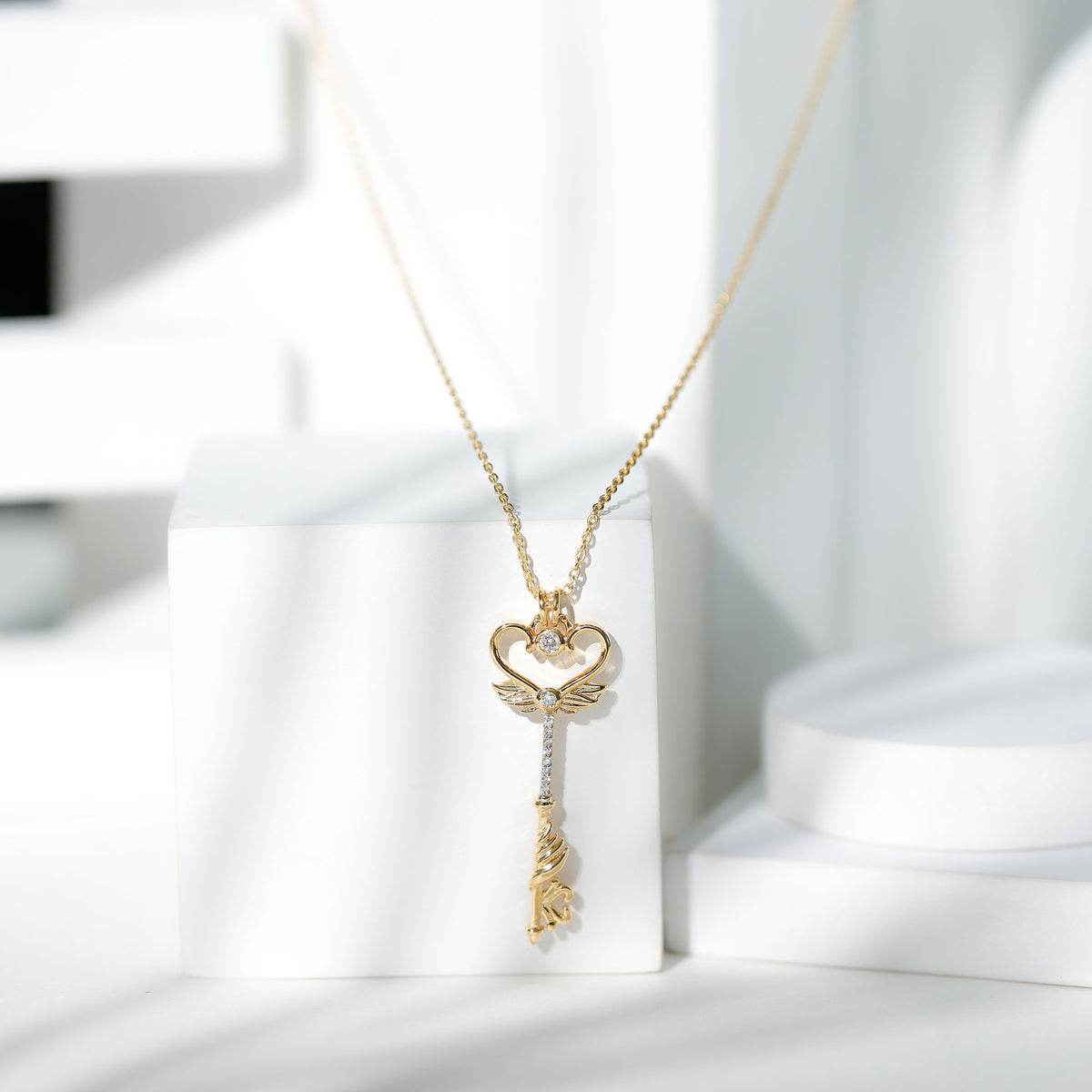 Diamond Key Necklace with Angel Wings Lab - ( EF-VS ) - Rosec Jewels