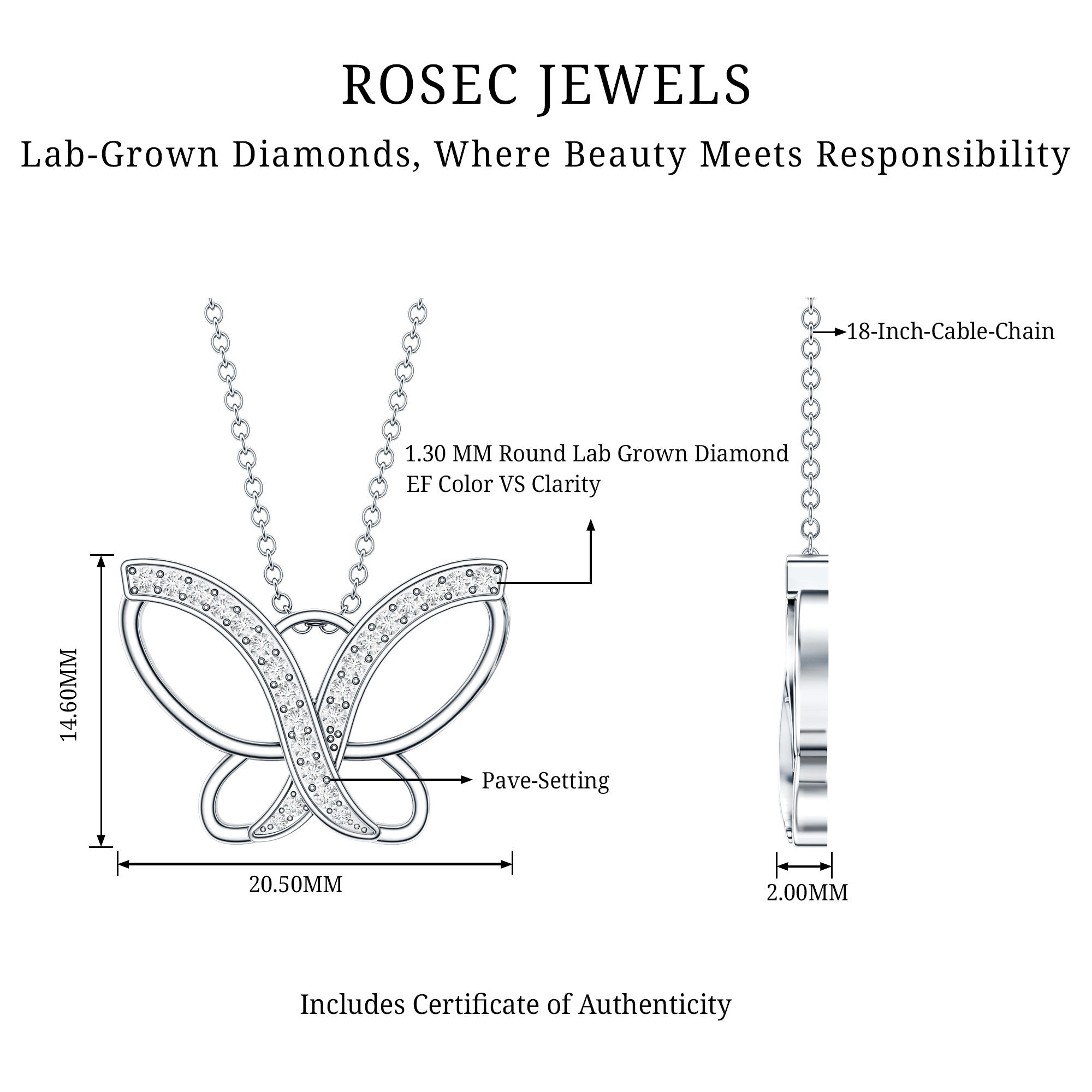 Diamond Butterfly Pendant Necklace For Women Lab - ( EF-VS ) - Rosec Jewels