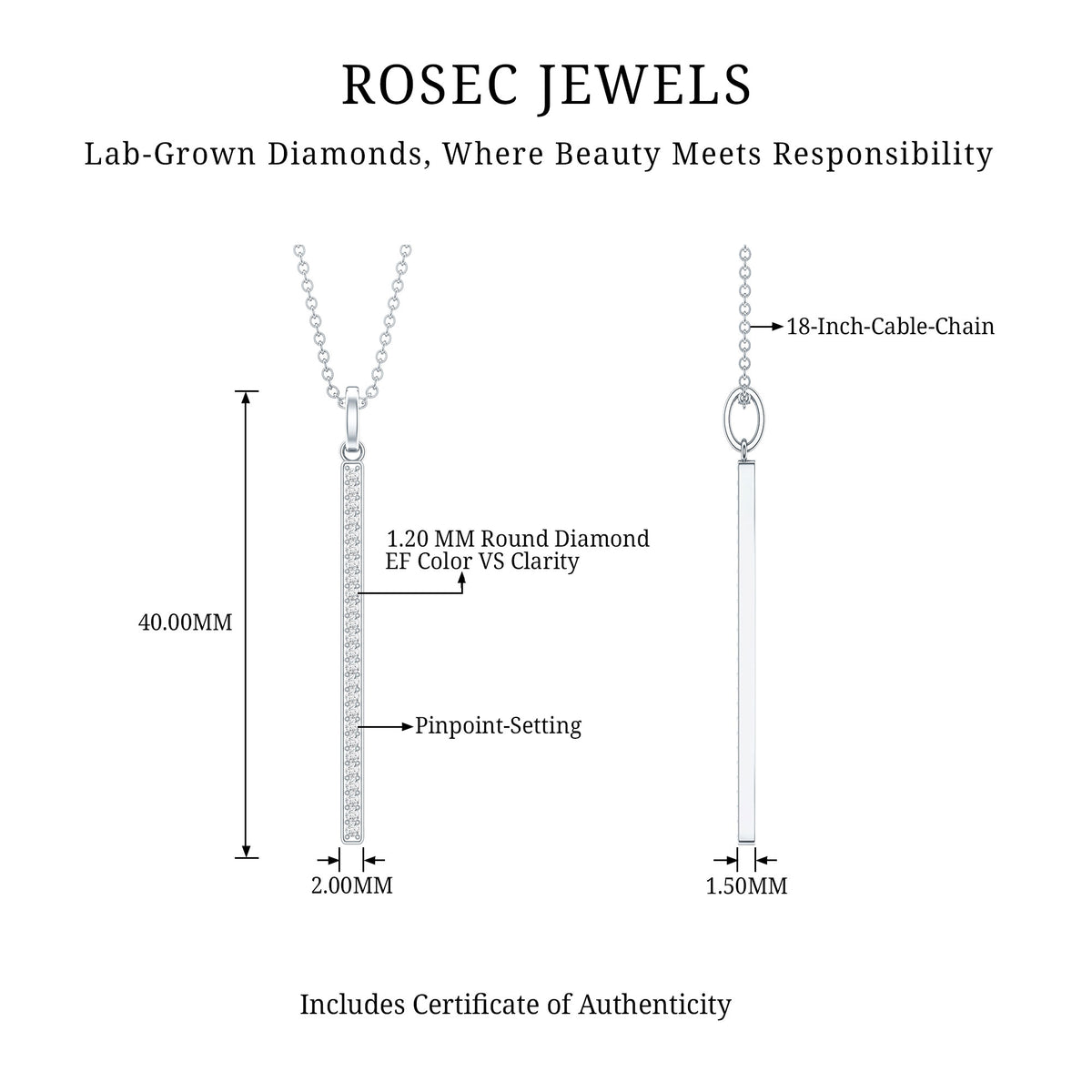 Round Cut Diamond Bar Necklace For Women Lab - ( EF-VS ) - Rosec Jewels