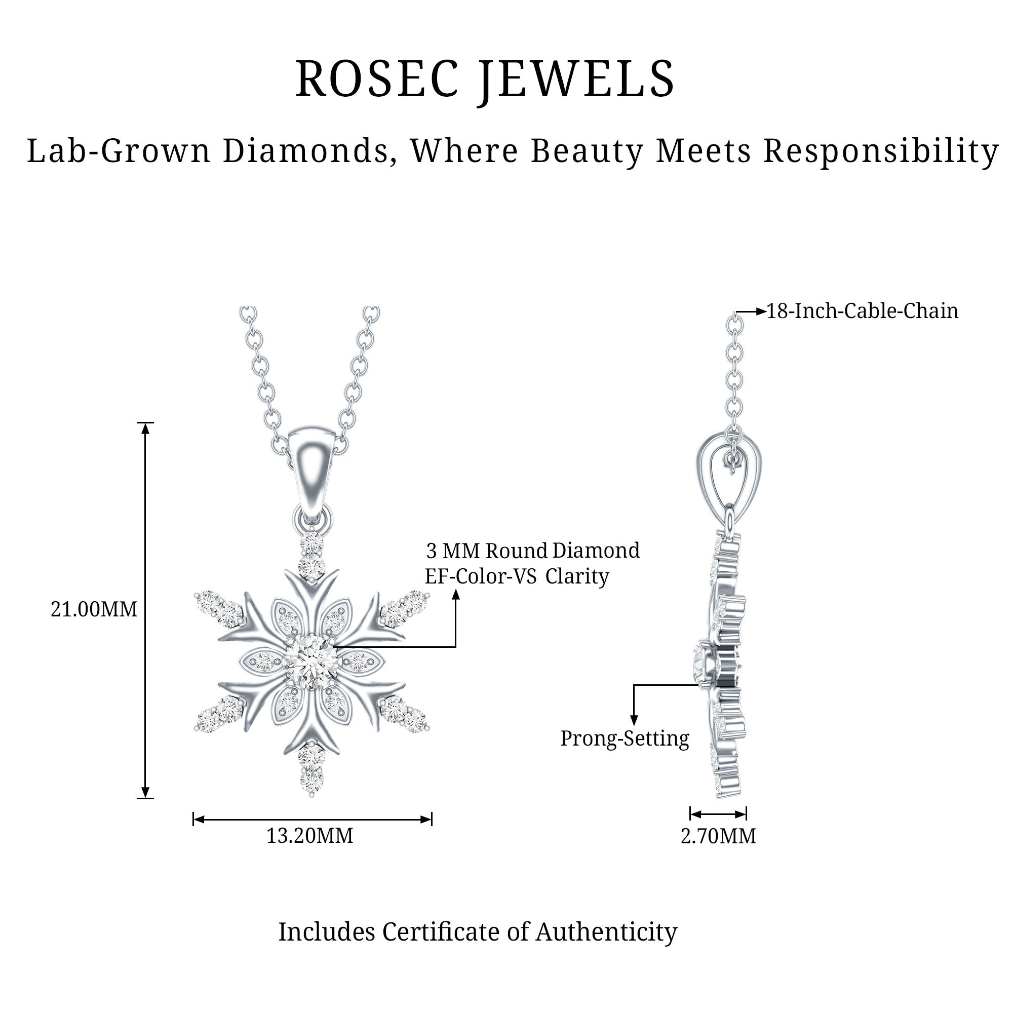 Certified Diamond Snowflake Christmas Necklace Lab - ( EF-VS ) - Rosec Jewels