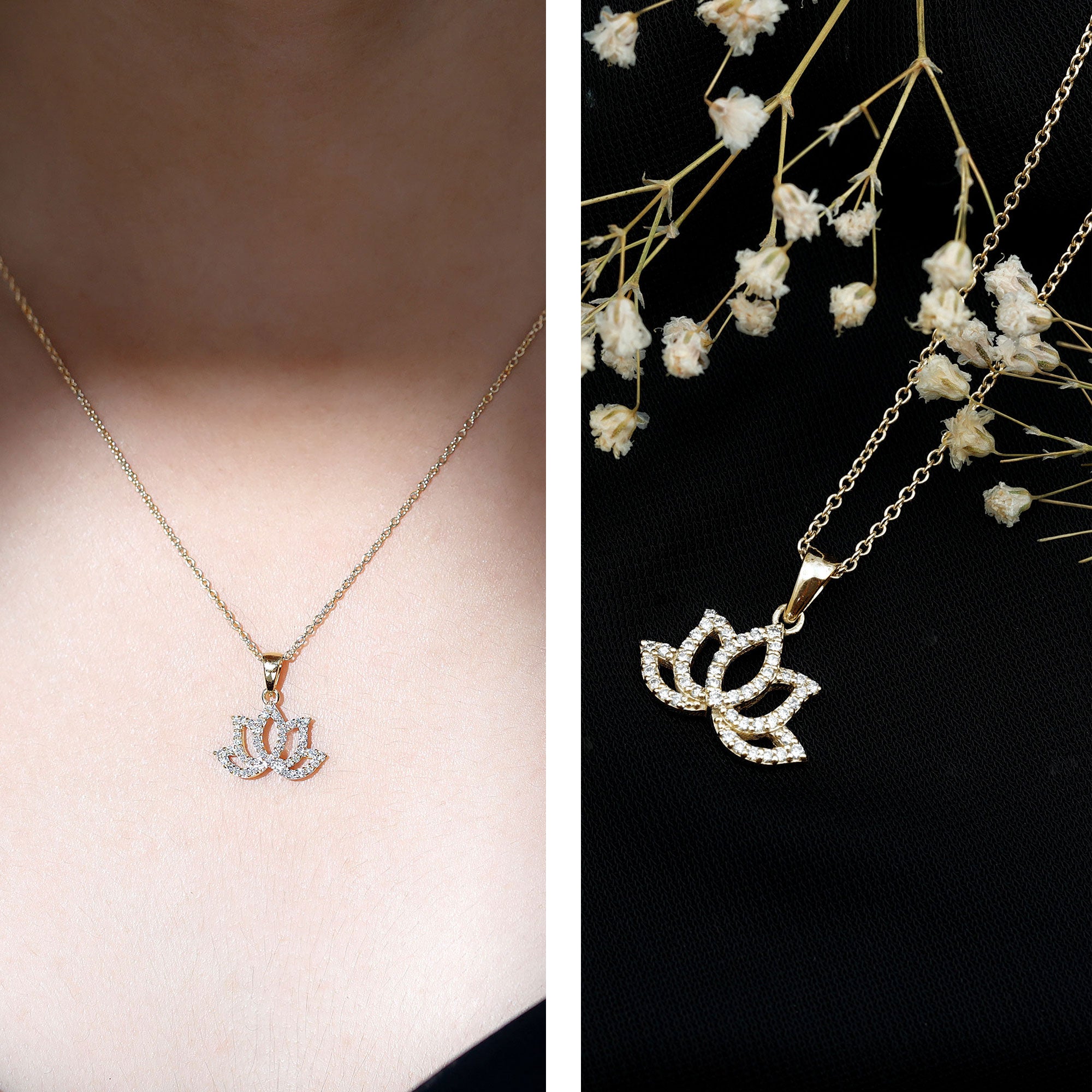 Diamond Lotus Flower Necklace in Pave Setting Lab - ( EF-VS ) - Rosec Jewels