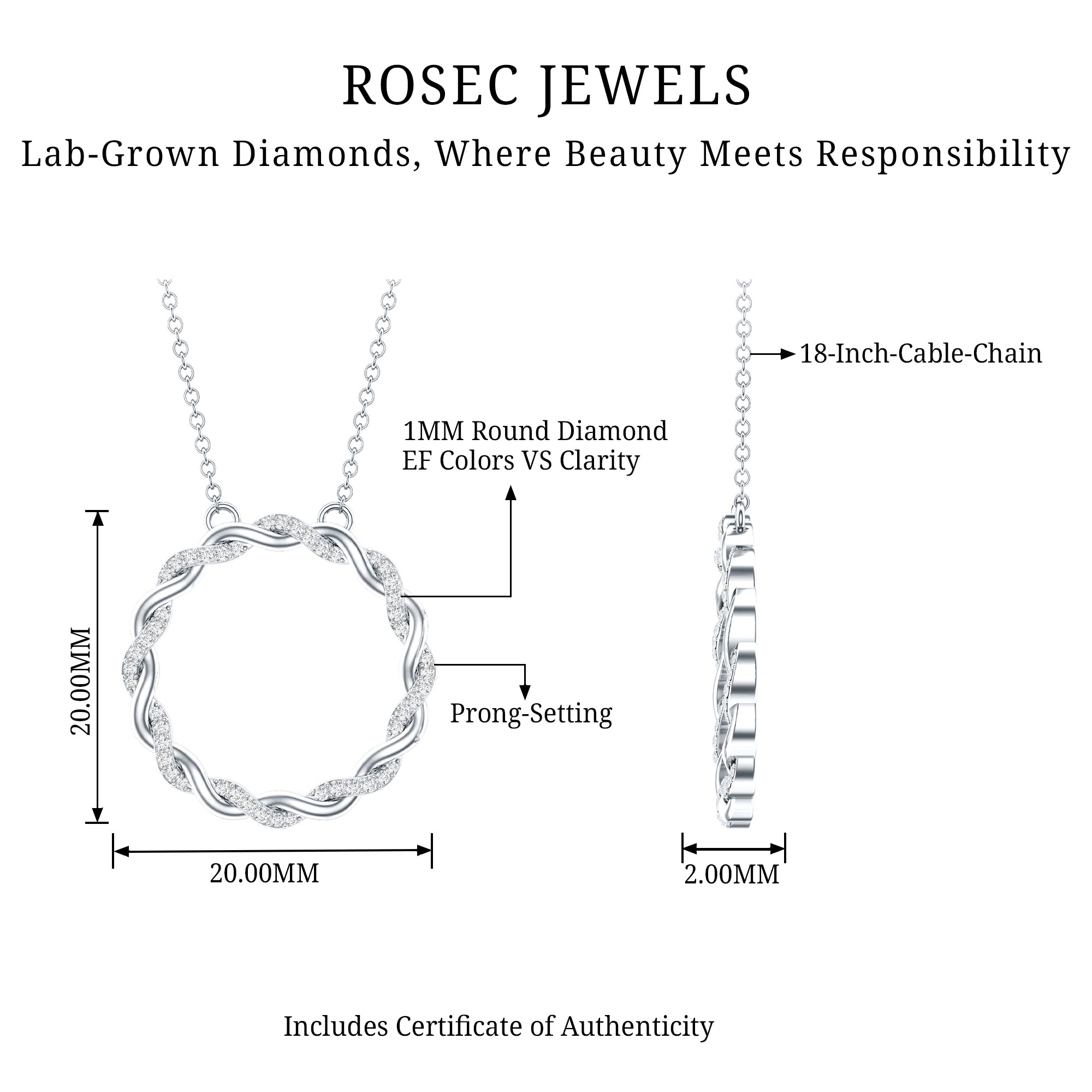 Diamond Twisted Eternity Necklace in Pave Setting Lab - ( EF-VS ) - Rosec Jewels