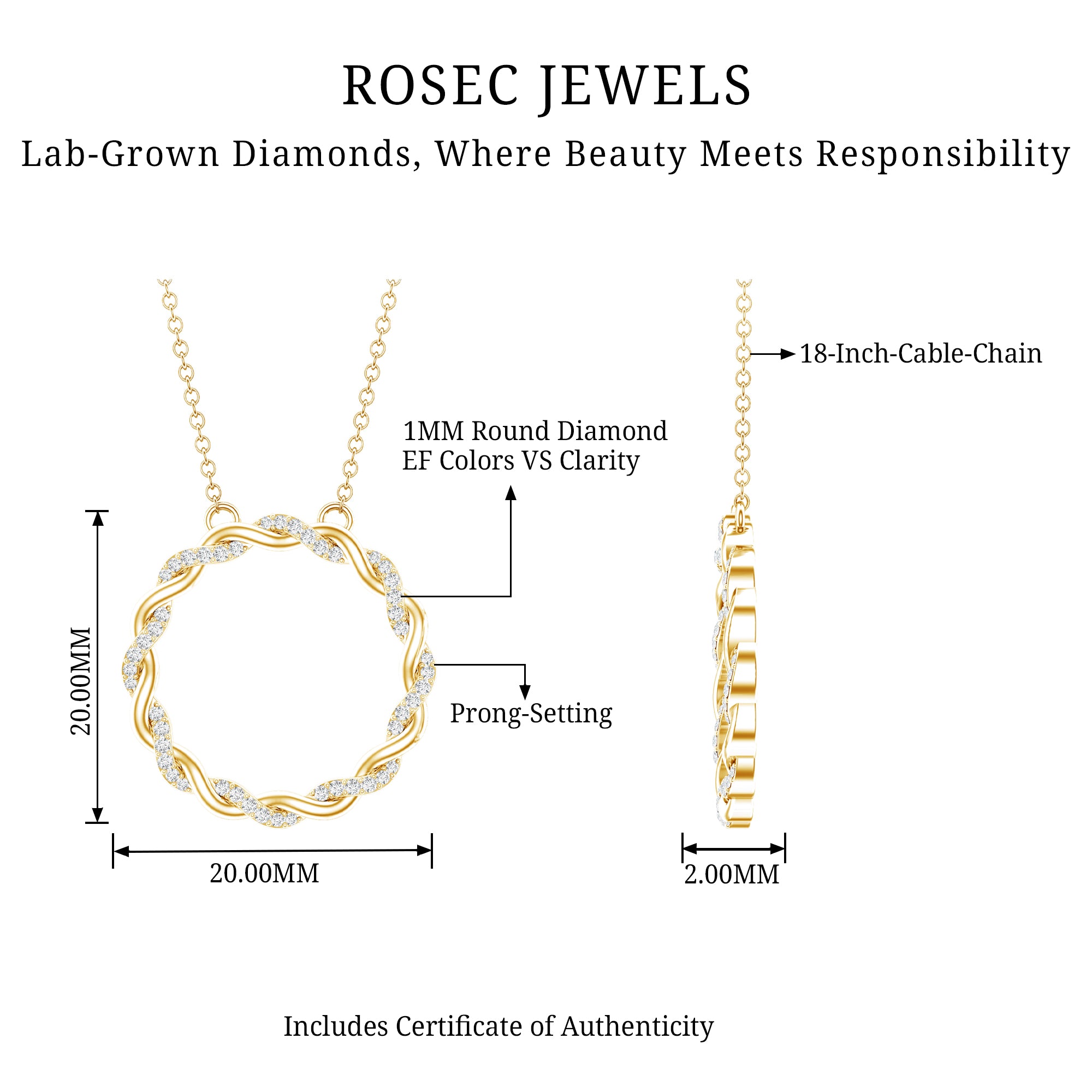 Diamond Twisted Eternity Necklace in Pave Setting Lab - ( EF-VS ) - Rosec Jewels