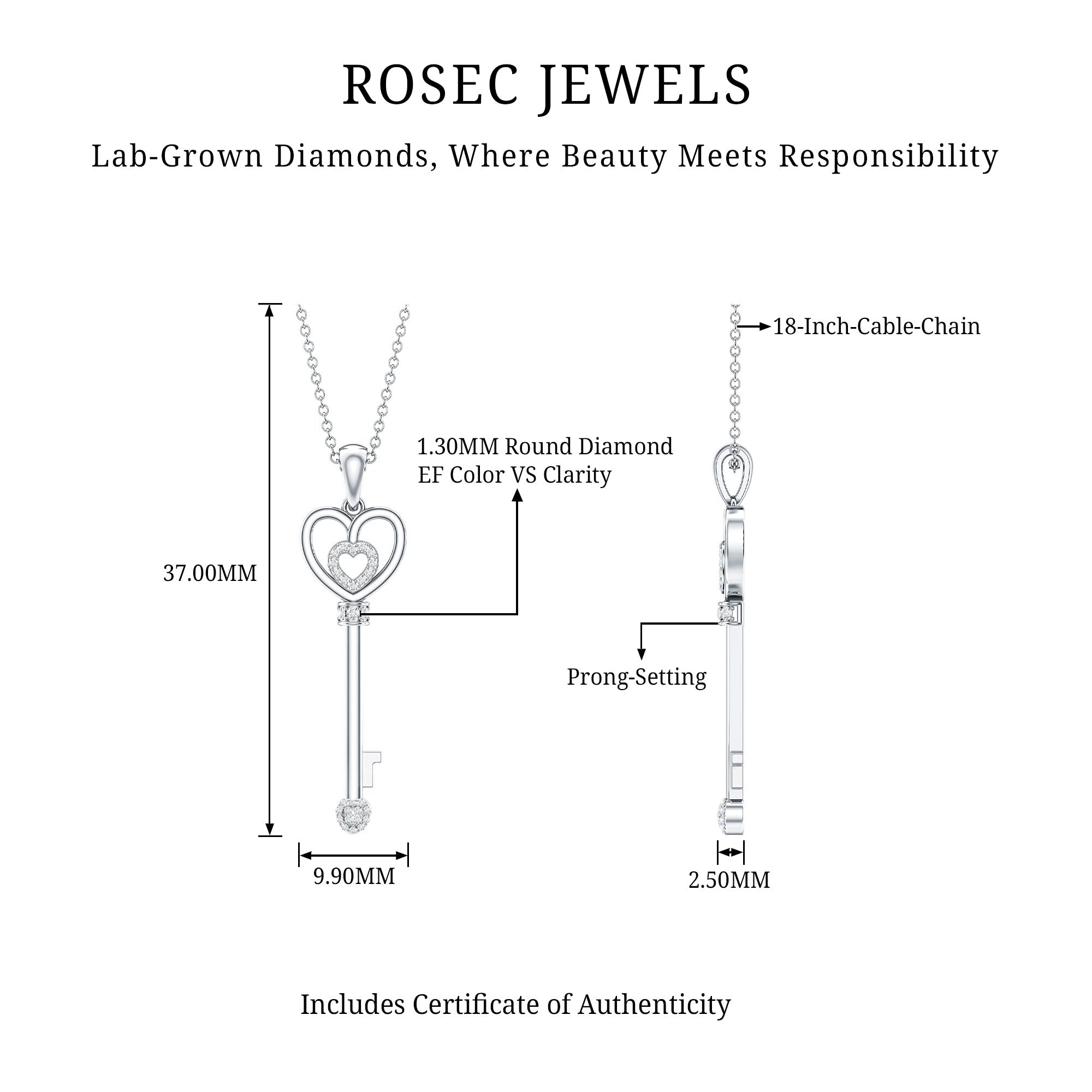 Vintage Style Diamond Key Necklace For Women Lab - ( EF-VS ) - Rosec Jewels