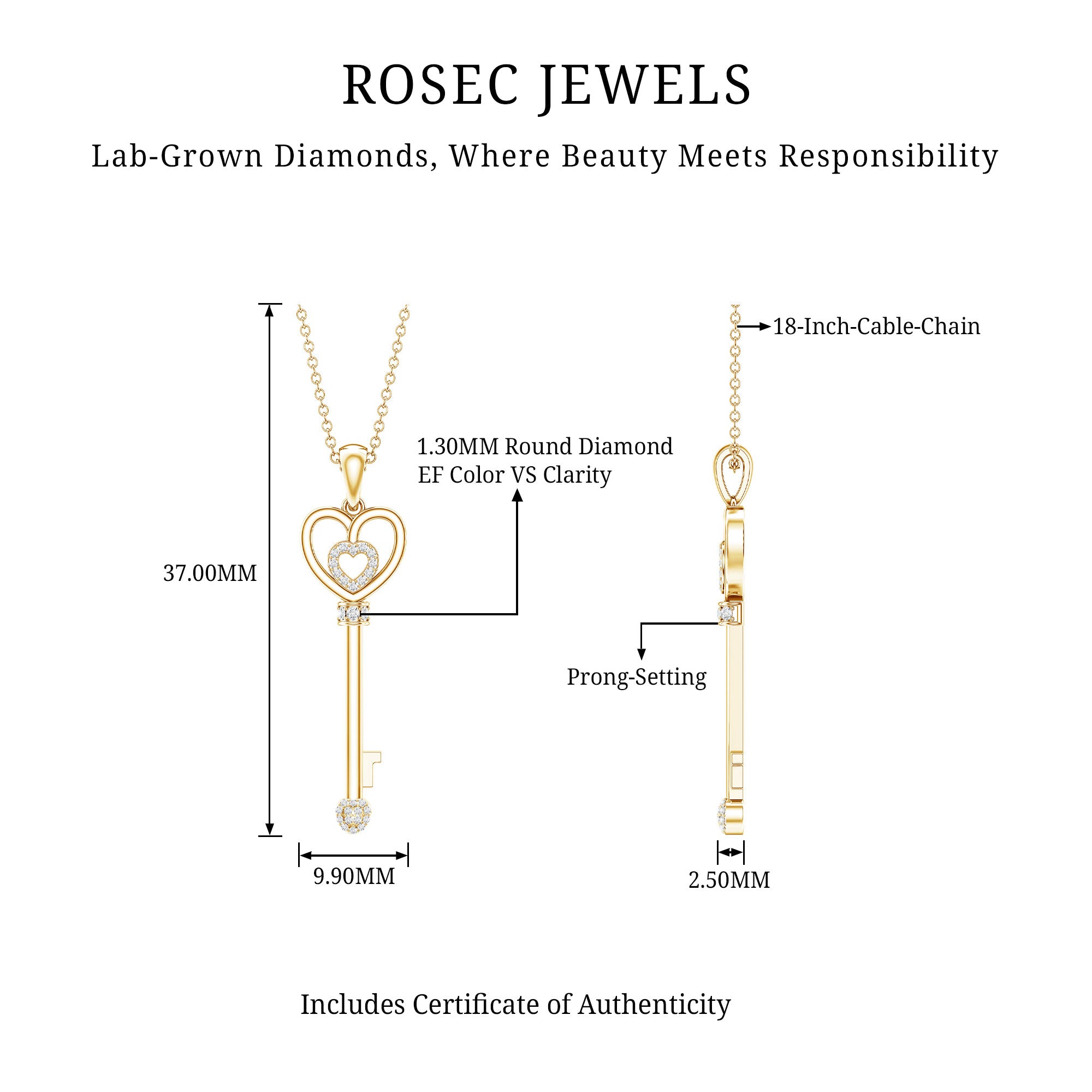Vintage Style Diamond Key Necklace For Women Lab - ( EF-VS ) - Rosec Jewels