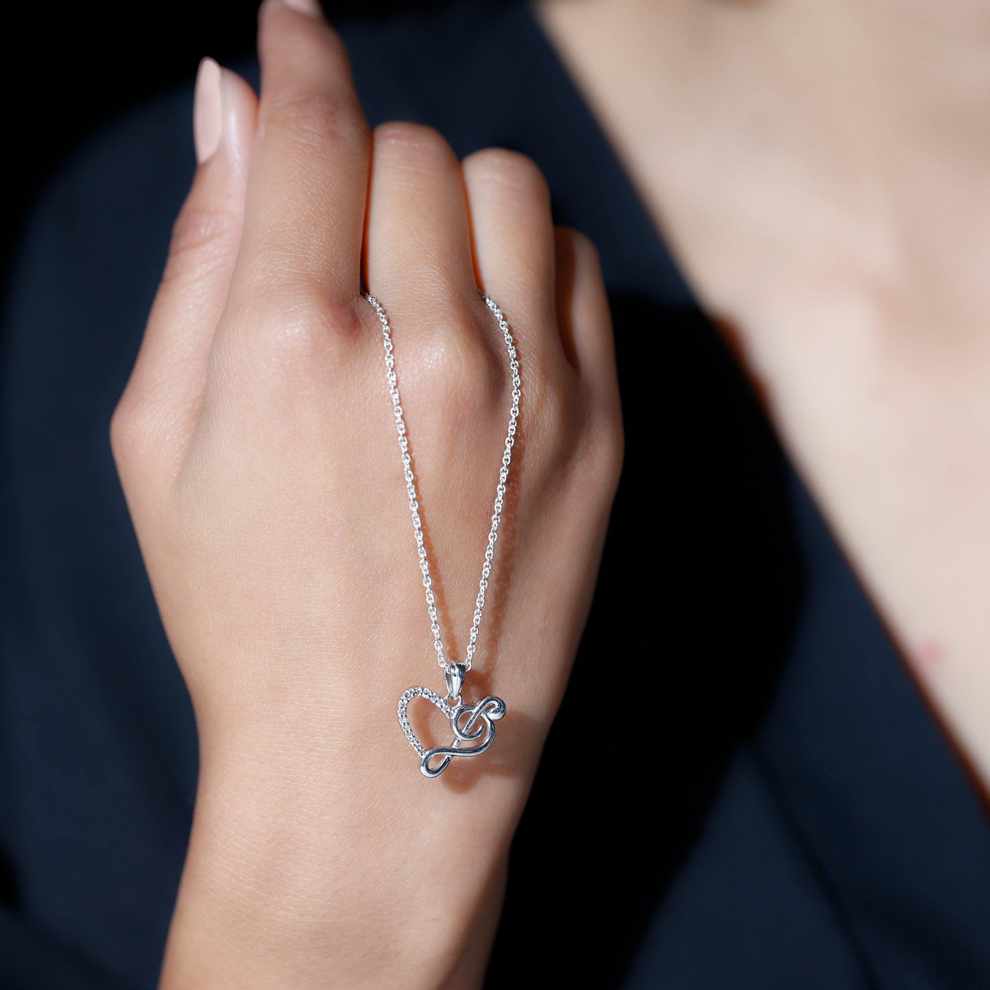 Diamond Heart and Music Note Necklace Lab - ( EF-VS ) - Rosec Jewels