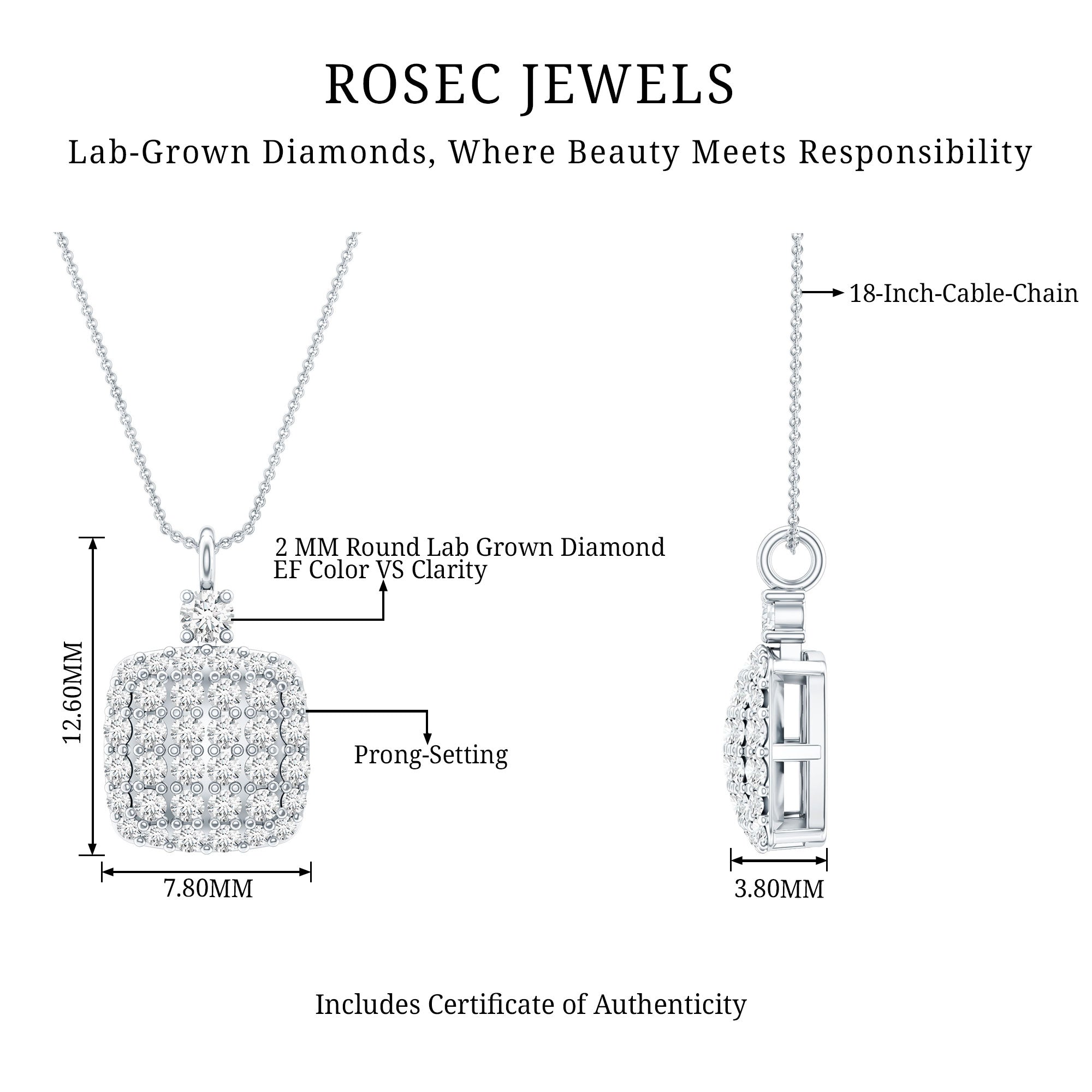 Certified Brilliant Cut Diamond Pendant Necklace Lab - ( EF-VS ) - Rosec Jewels