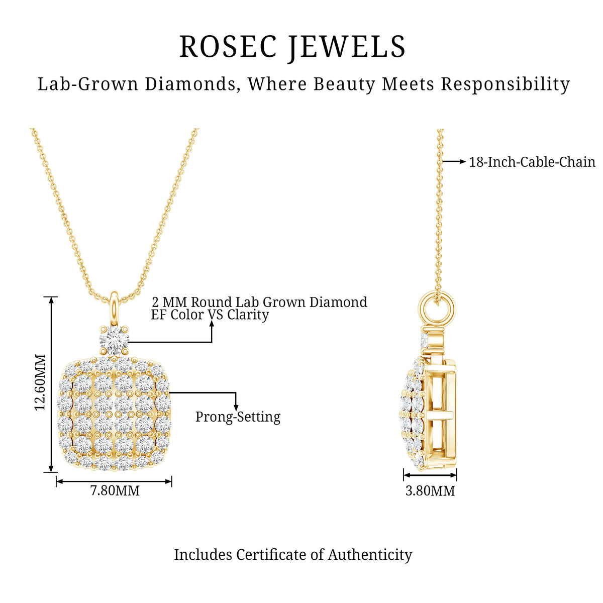 Certified Brilliant Cut Diamond Pendant Necklace Lab - ( EF-VS ) - Rosec Jewels