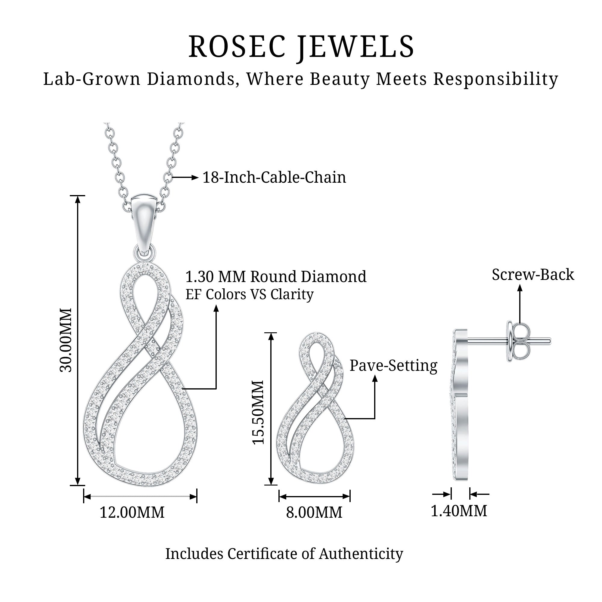 Diamond Infinity Necklace Earrings Set For Women Lab - ( EF-VS ) - Rosec Jewels