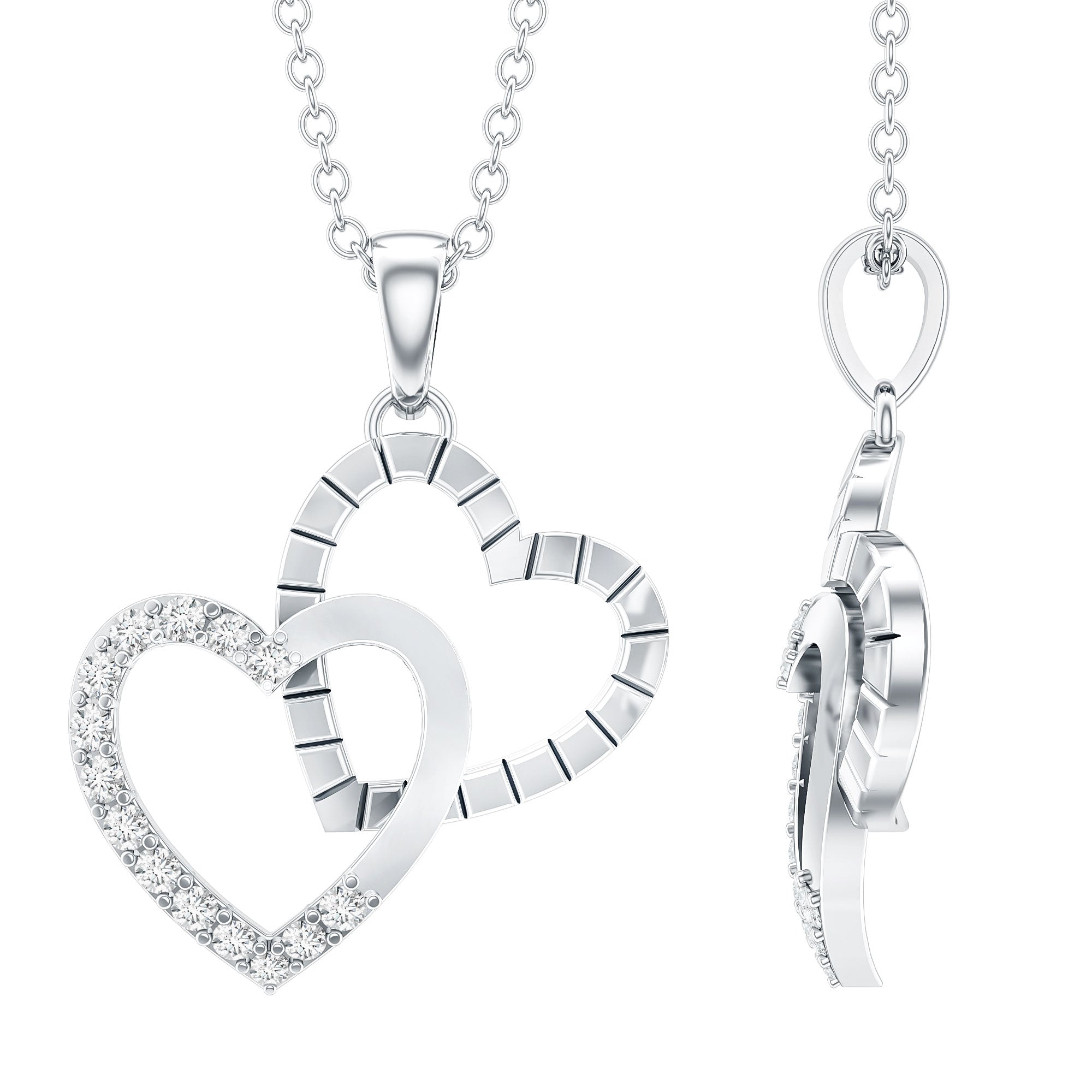Pave Set Diamond Double Heart Necklace Lab - ( EF-VS ) - Rosec Jewels