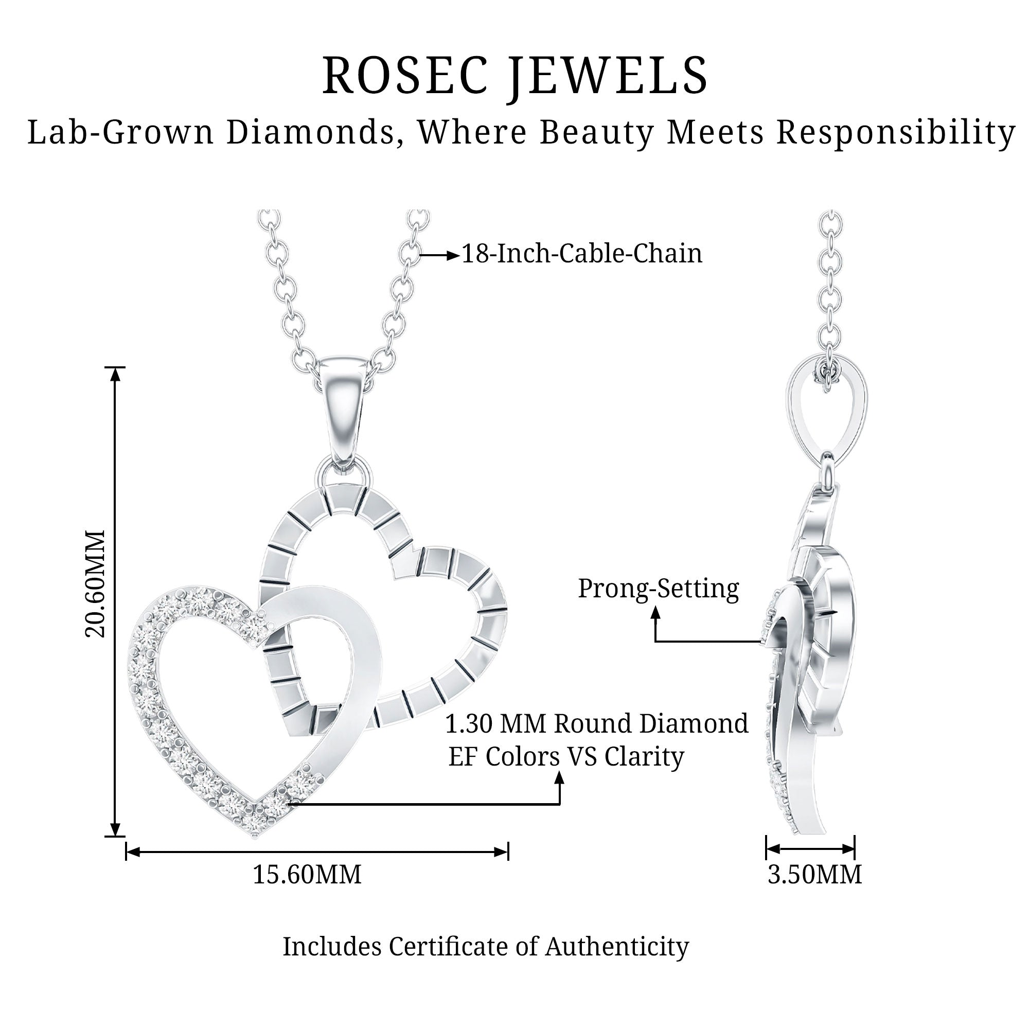 Pave Set Diamond Double Heart Necklace Lab - ( EF-VS ) - Rosec Jewels