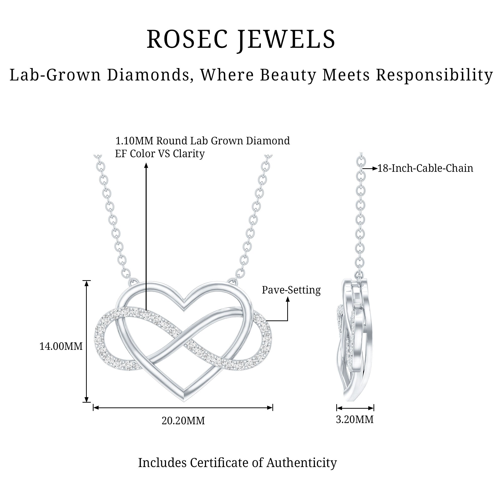 Certified Diamond Infinity Heart Necklace Lab - ( EF-VS ) - Rosec Jewels