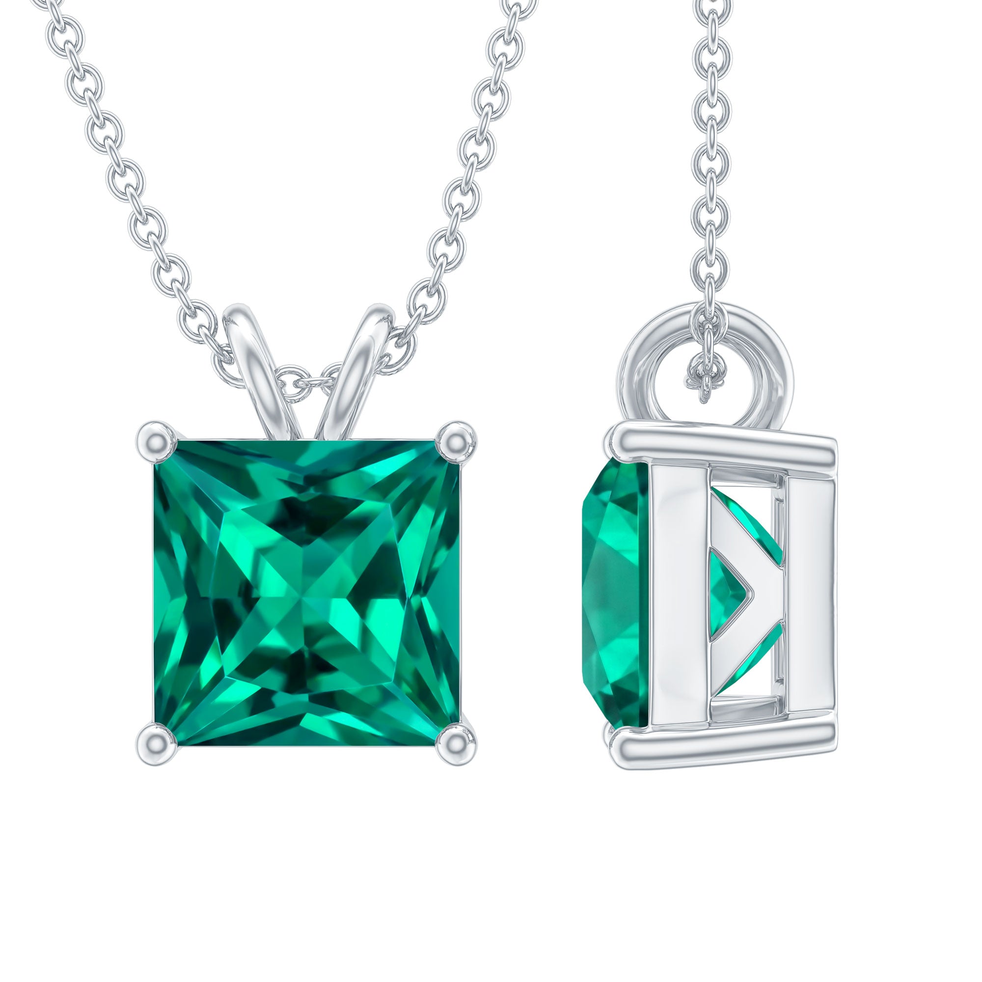 Certified Square Cut Lab Grown Emerald Solitaire Necklace With Chain AAAA - Rosec Jewels
