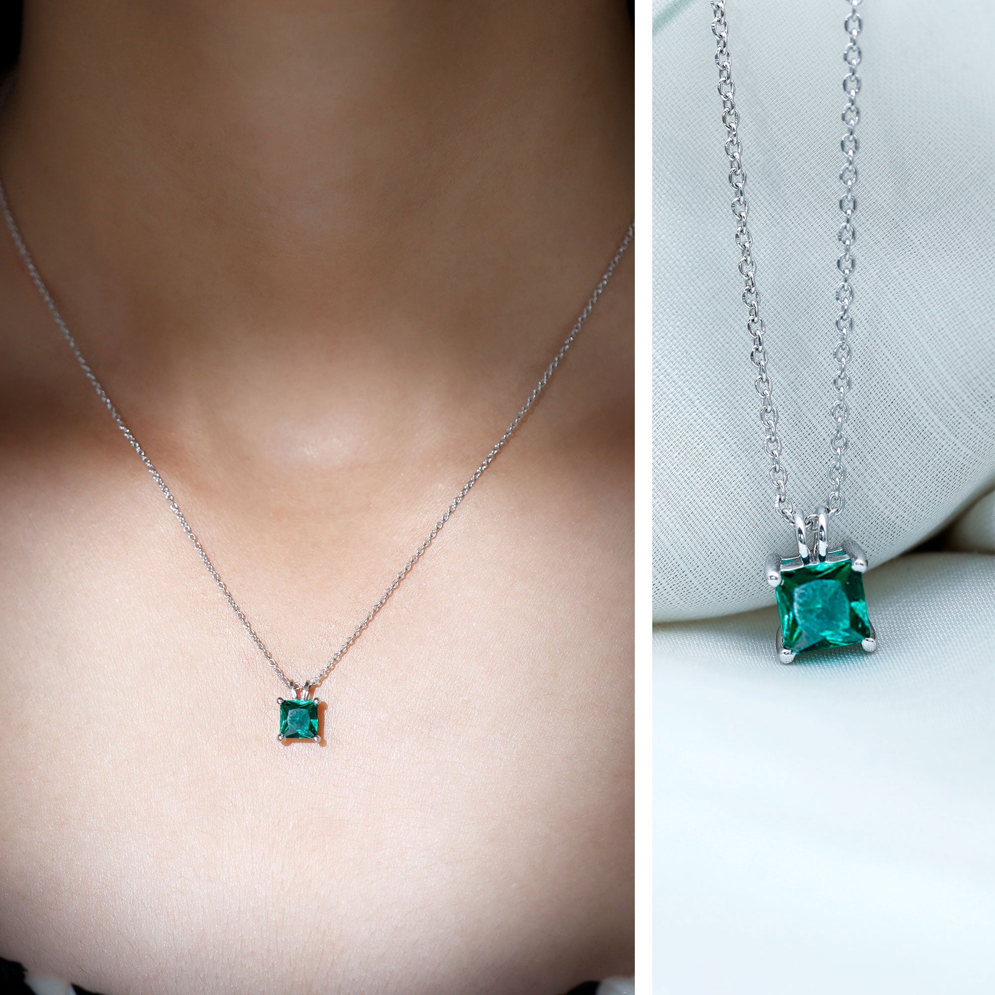 Certified Square Cut Lab Grown Emerald Solitaire Necklace With Chain AAAA - Rosec Jewels