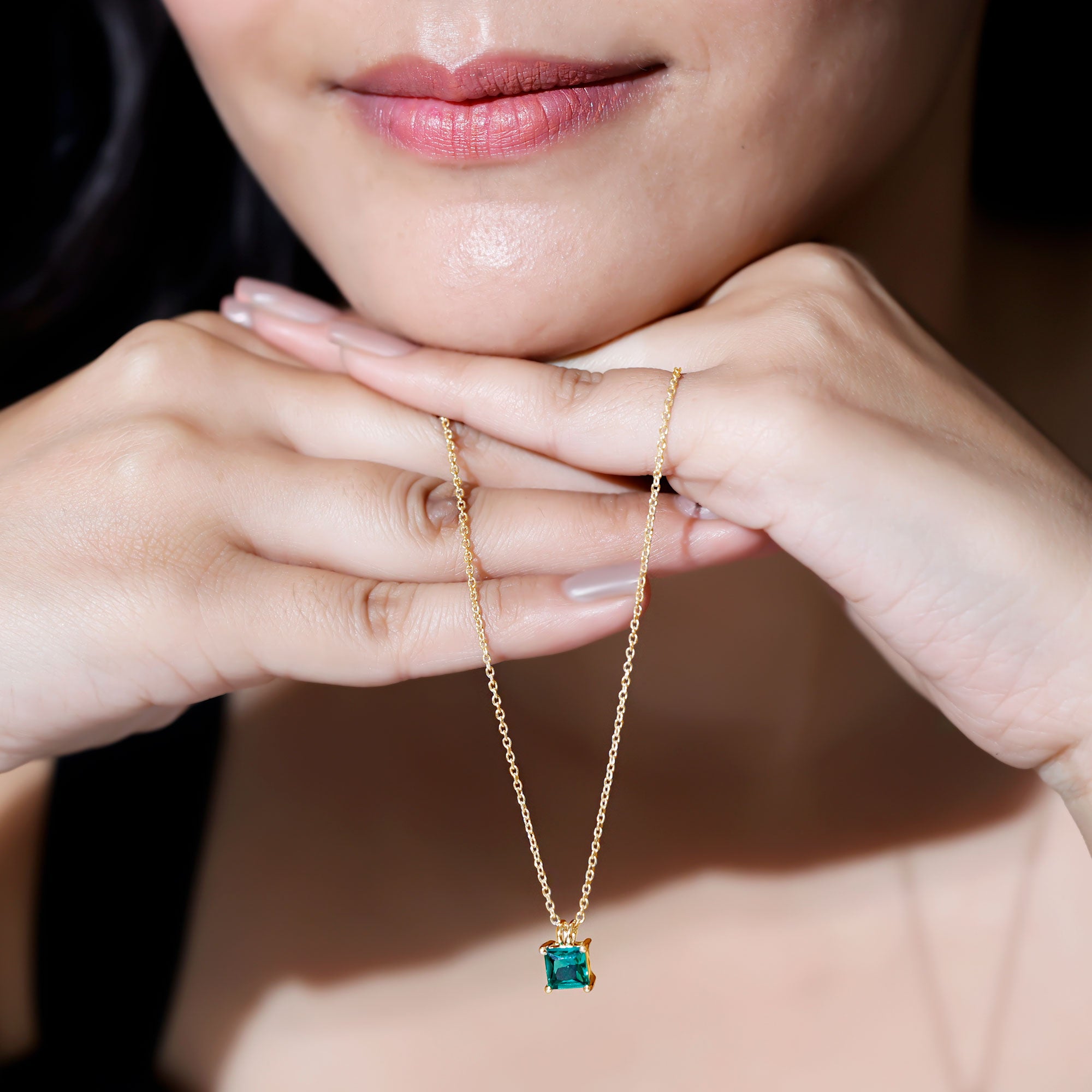 Certified Square Cut Lab Grown Emerald Solitaire Necklace With Chain AAAA - Rosec Jewels