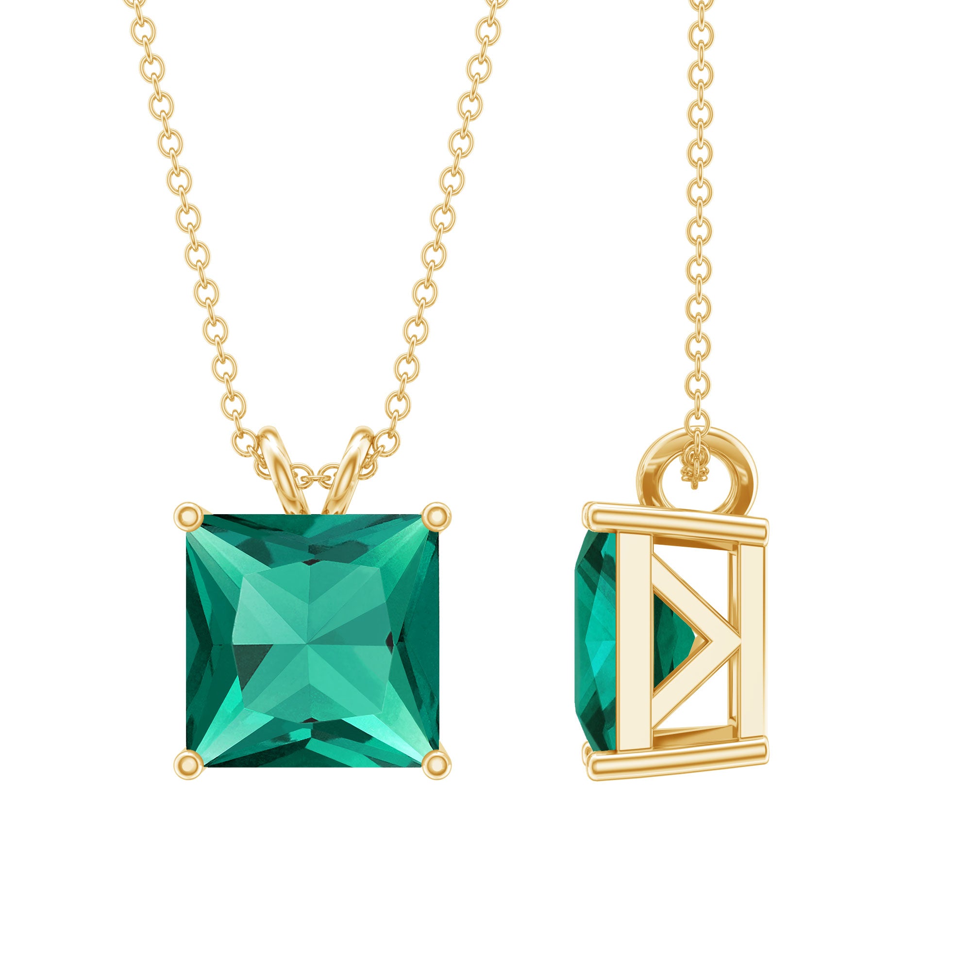 Princess Cut Lab Created Emerald Solitaire Necklace With Chain AAAA - Rosec Jewels