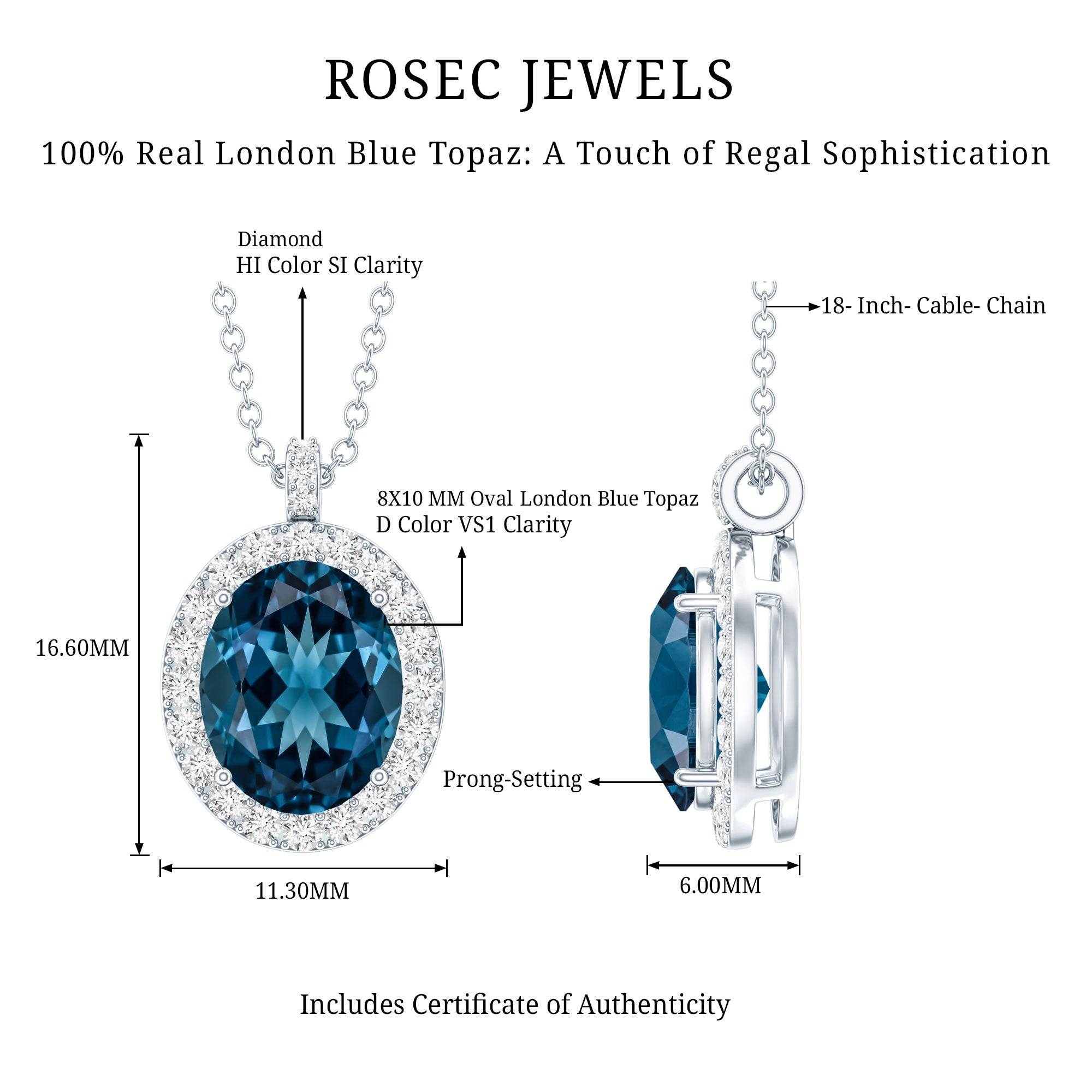 Genuine 2.5 Carat Oval Cut London Blue Topaz and Diamond Necklace AAA - Rosec Jewels
