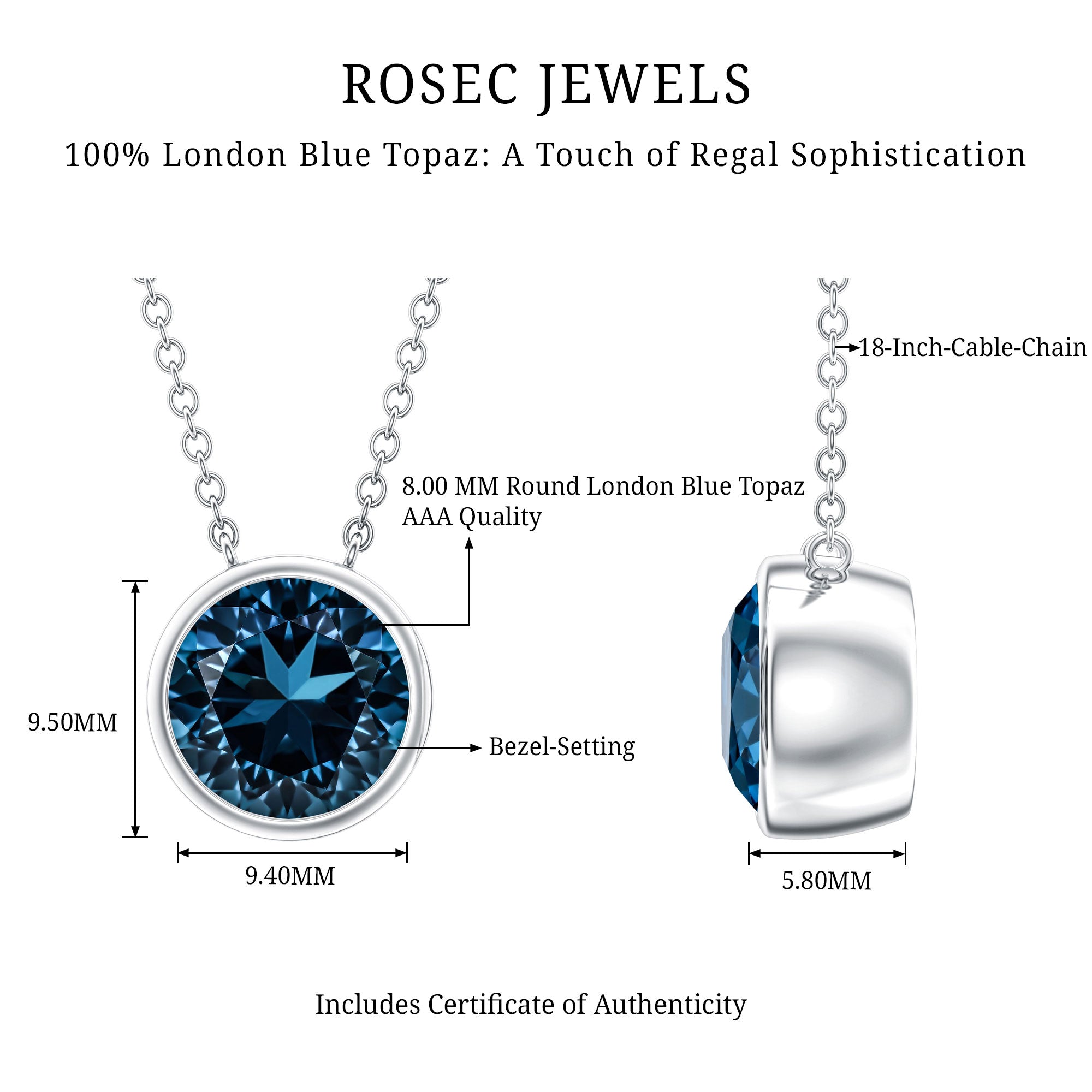 2 Carat Solitaire London Blue Topaz Chain Necklace in Bezel Setting AAA - Rosec Jewels