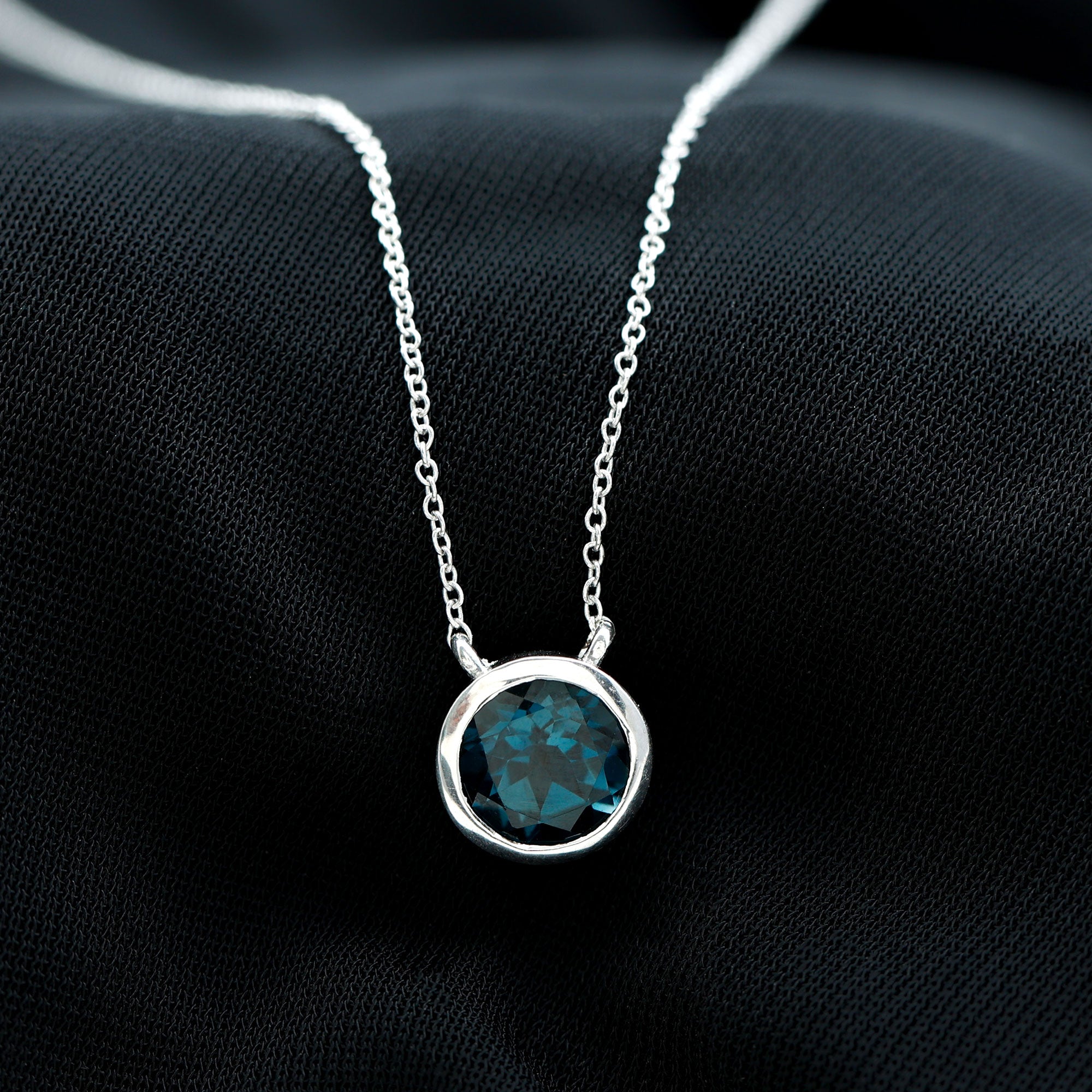 2 Carat Solitaire London Blue Topaz Chain Necklace in Bezel Setting AAA - Rosec Jewels