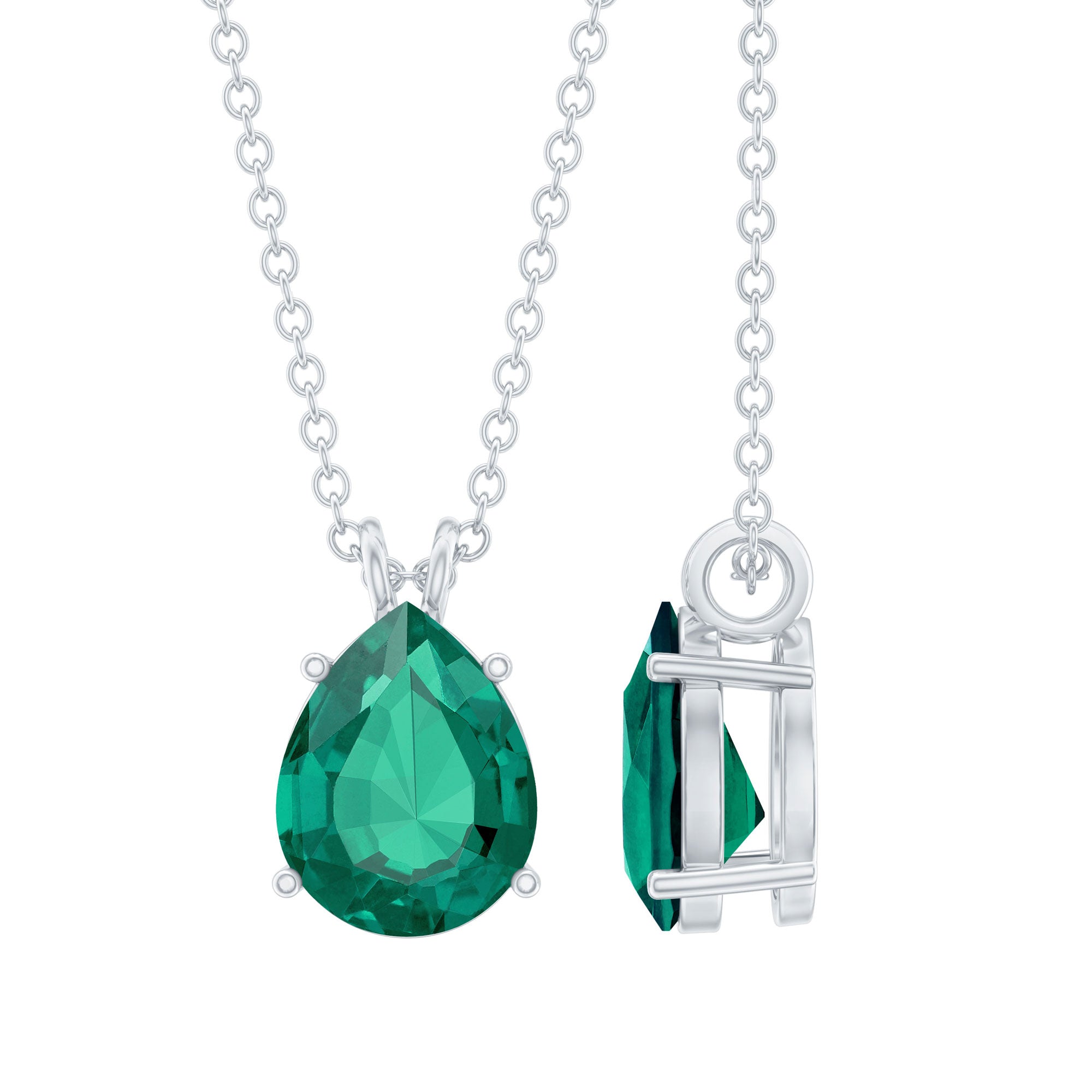 Pear Cut Lab Grown Emerald Solitaire Pendant Necklace With Chain