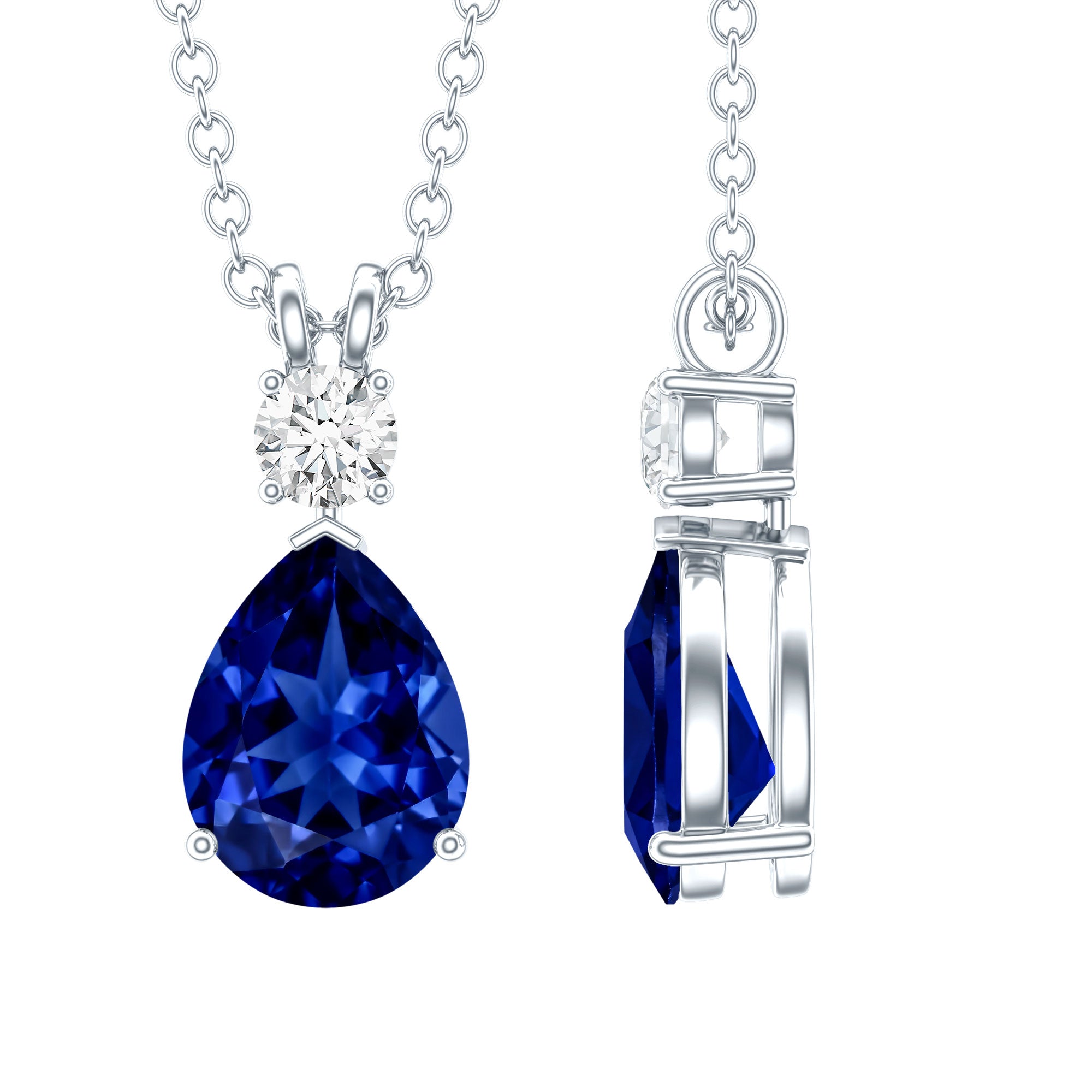 Lab Created Blue Sapphire Teardrop Necklace with Moissanite AAAA - Rosec Jewels