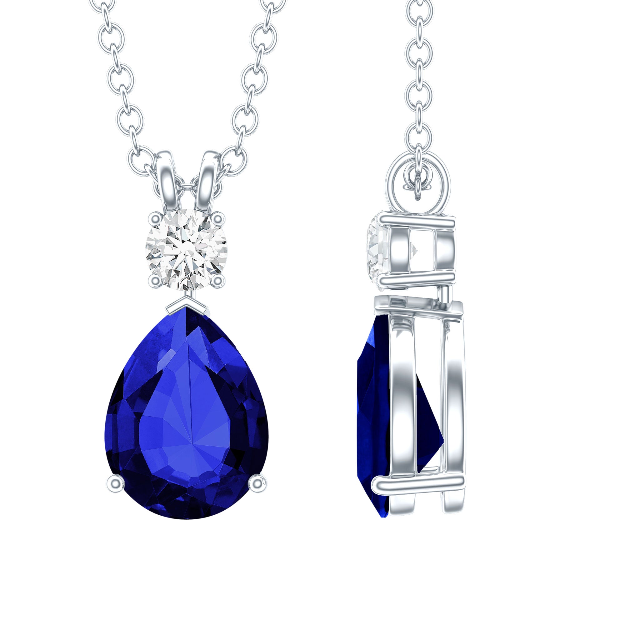 Certified 1.6 Carat Lab Grown Blue Sapphire Teardrop Necklace with Silver Chain AAAA 92.5 Sterling Silver - Rosec Jewels