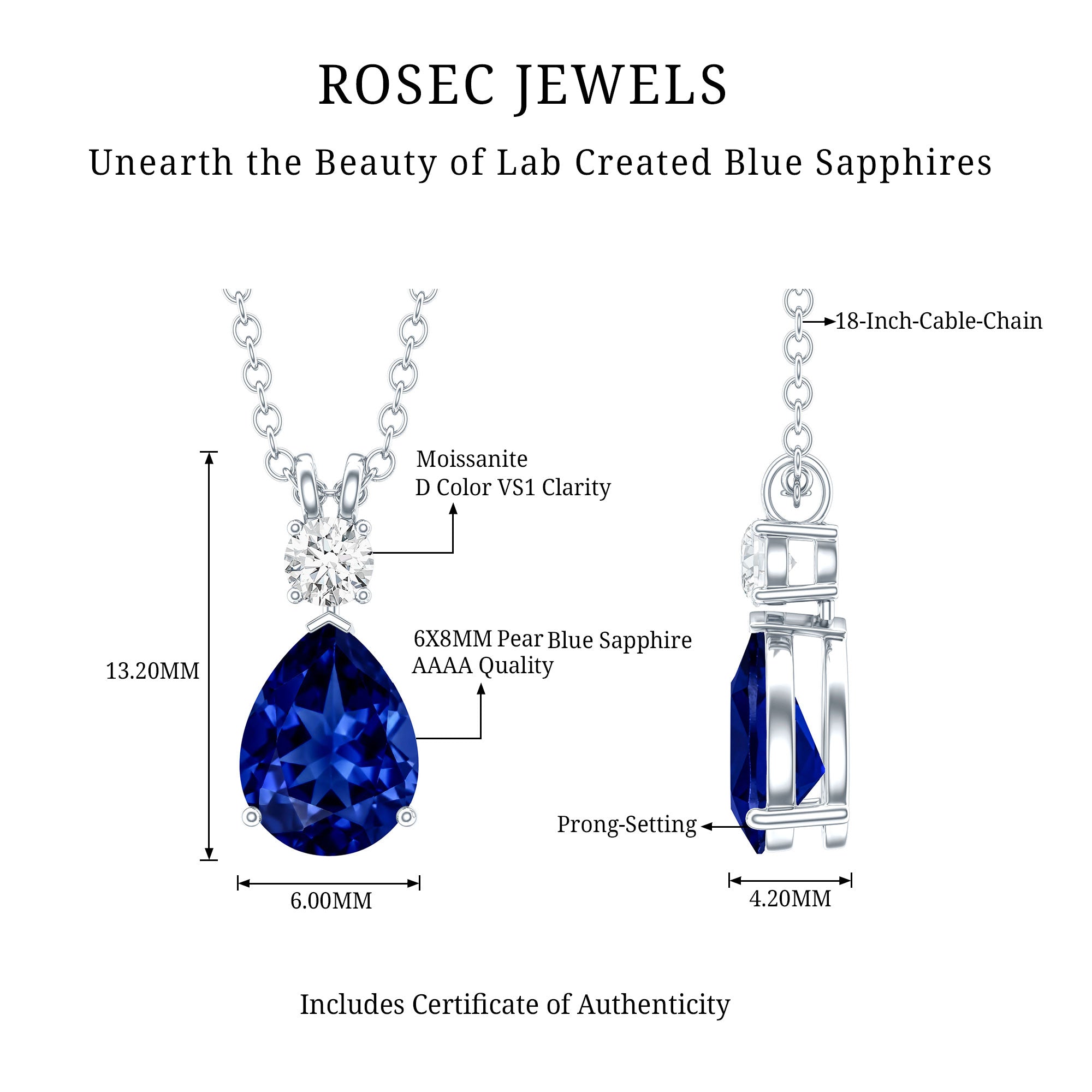 Lab Created Blue Sapphire Teardrop Necklace with Moissanite AAAA - Rosec Jewels