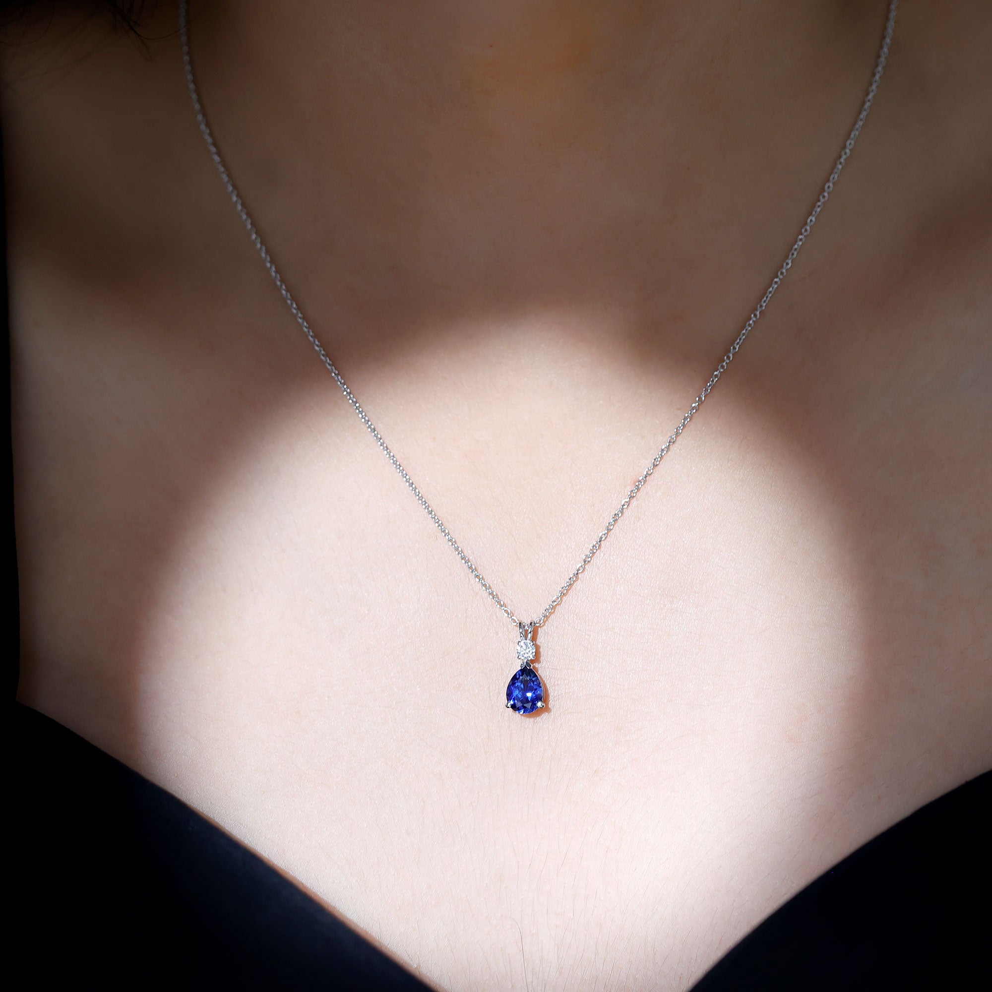 Certified 1.6 Carat Lab Grown Blue Sapphire Teardrop Necklace with Silver Chain AAAA 92.5 Sterling Silver - Rosec Jewels