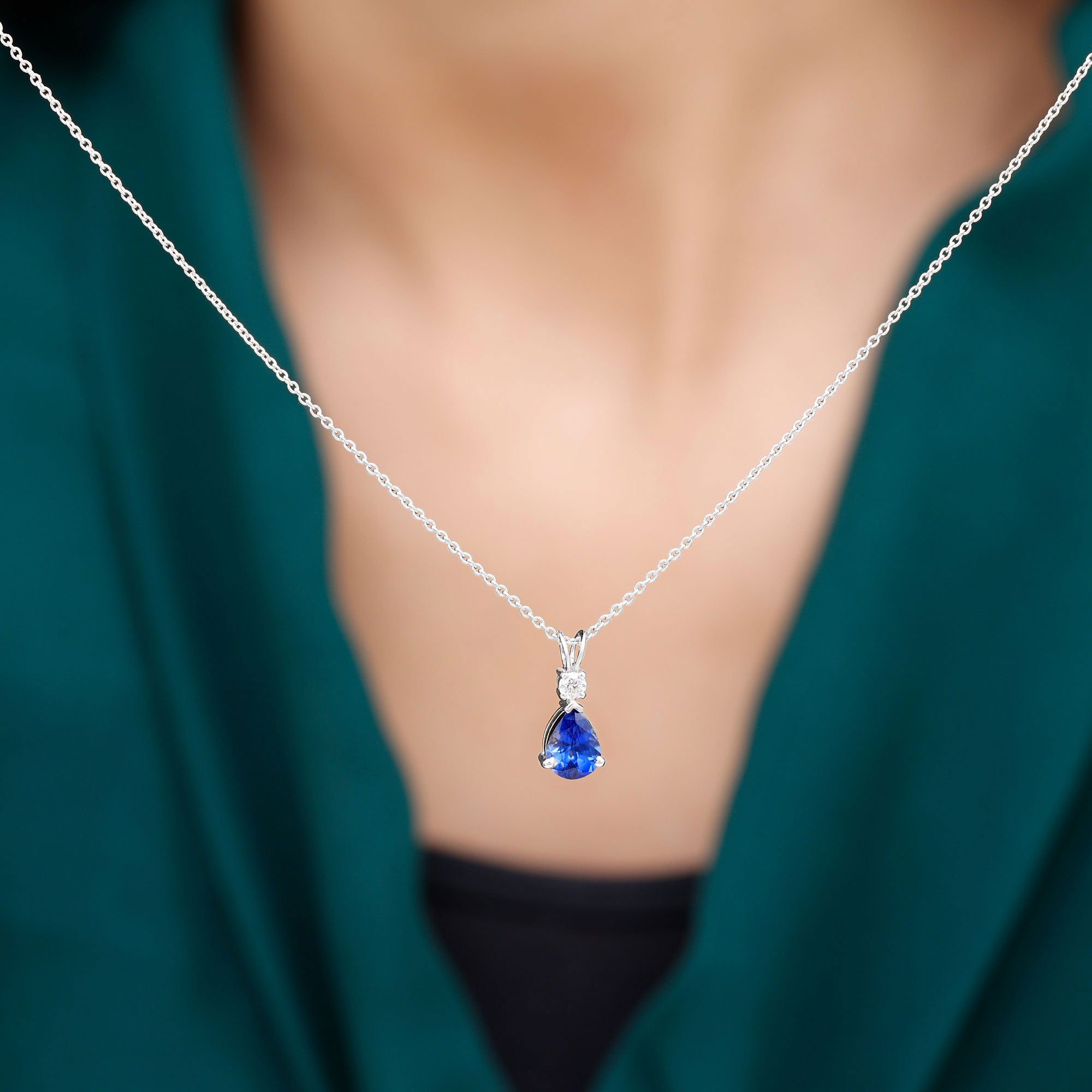 Created Blue Sapphire and Moissanite Modern Teardrop Pendant in Silver - Rosec Jewels